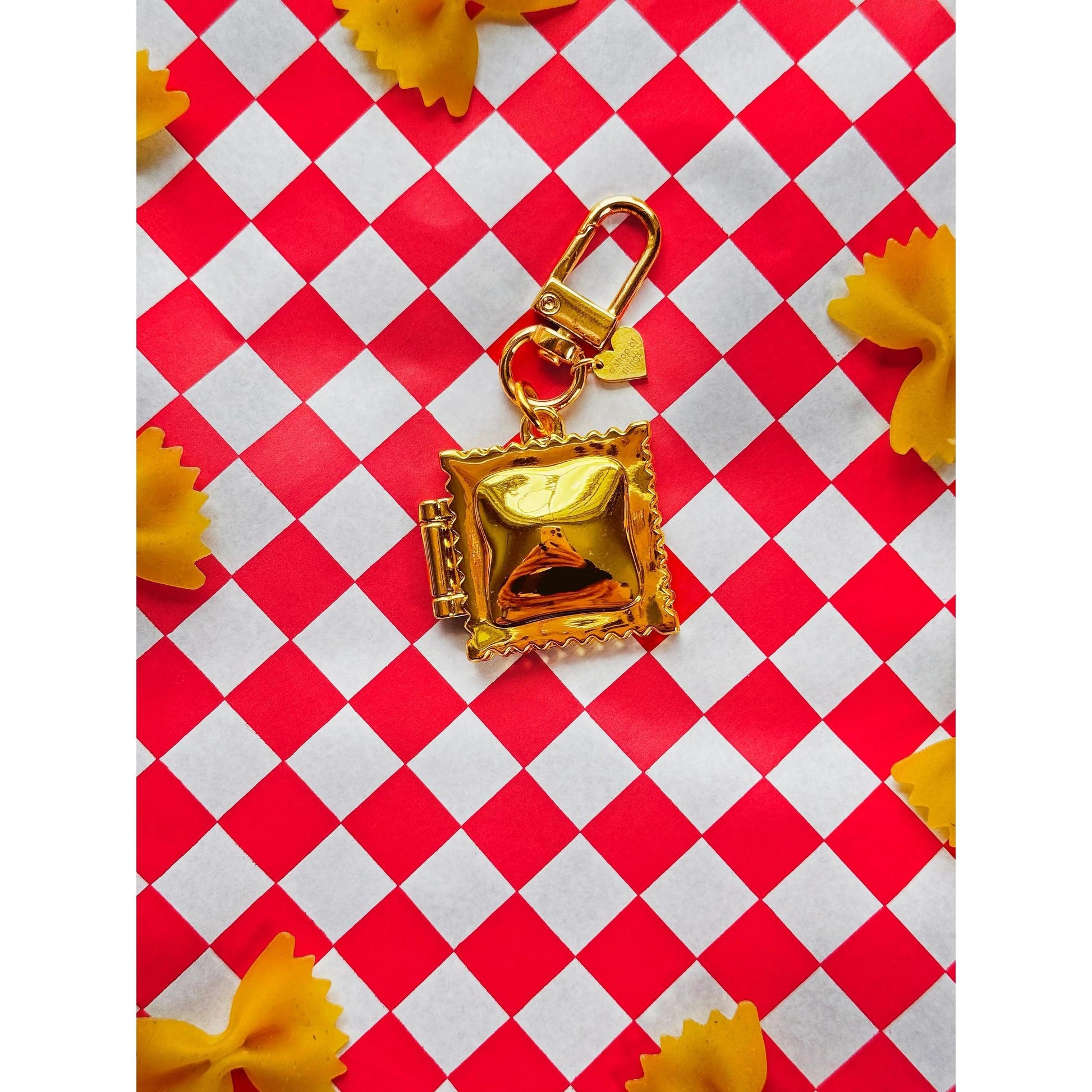 Ravioli Locket Keychain | Tiny Pasta Key Holder in Gold Plated