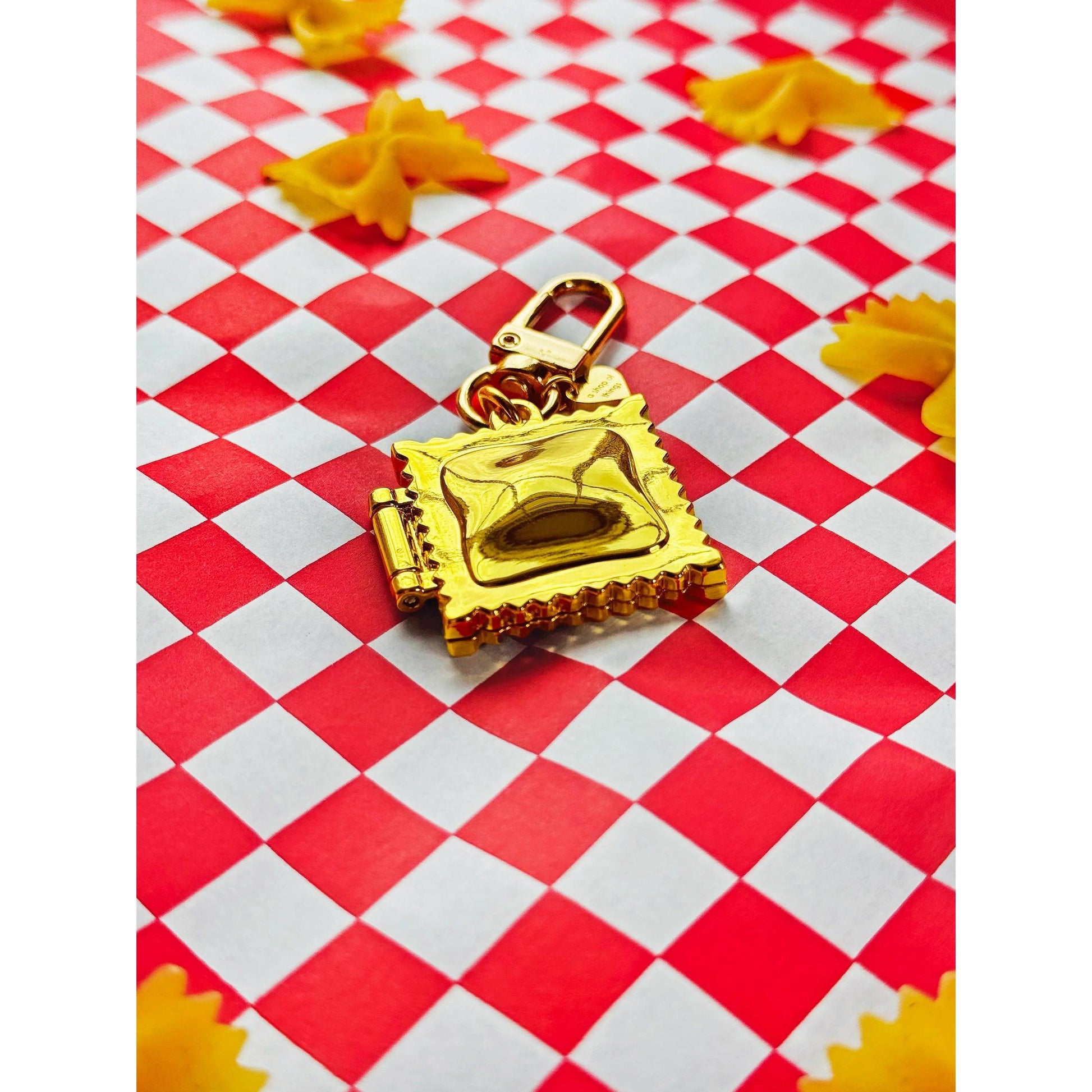Ravioli Locket Keychain | Tiny Pasta Key Holder in Gold Plated