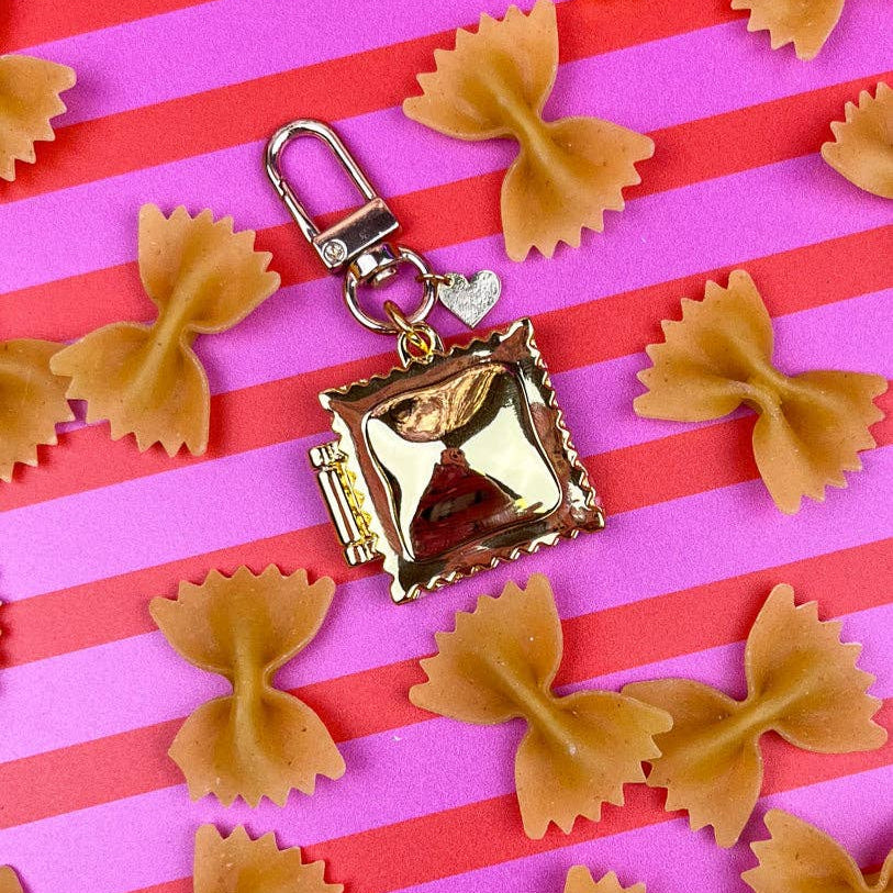 Ravioli Locket Keychain | Tiny Pasta Key Holder in Gold Plated