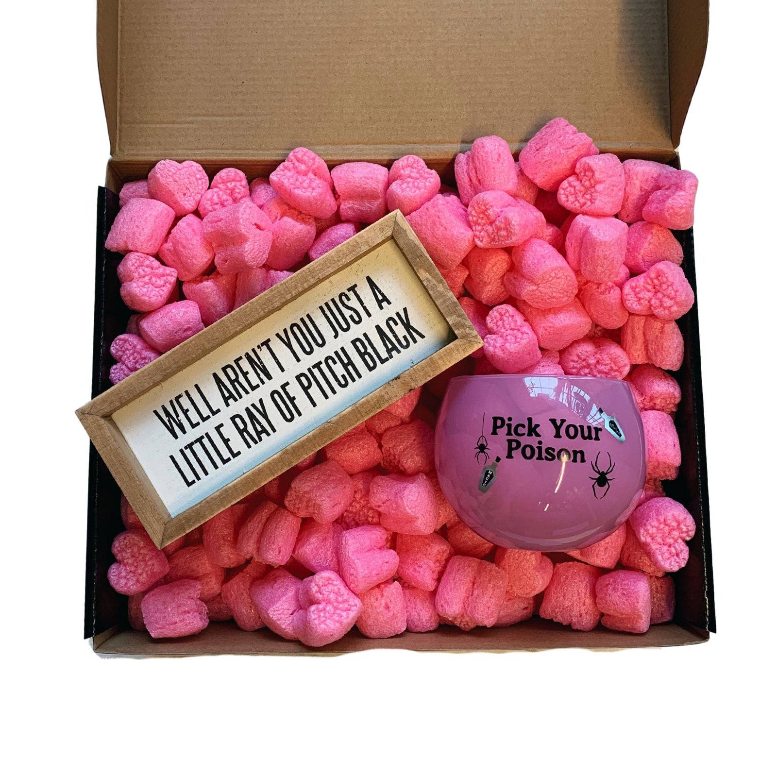 Ray of Pitch Black Witchy Gift Box with Compostable Pink Heart Packing Peanuts