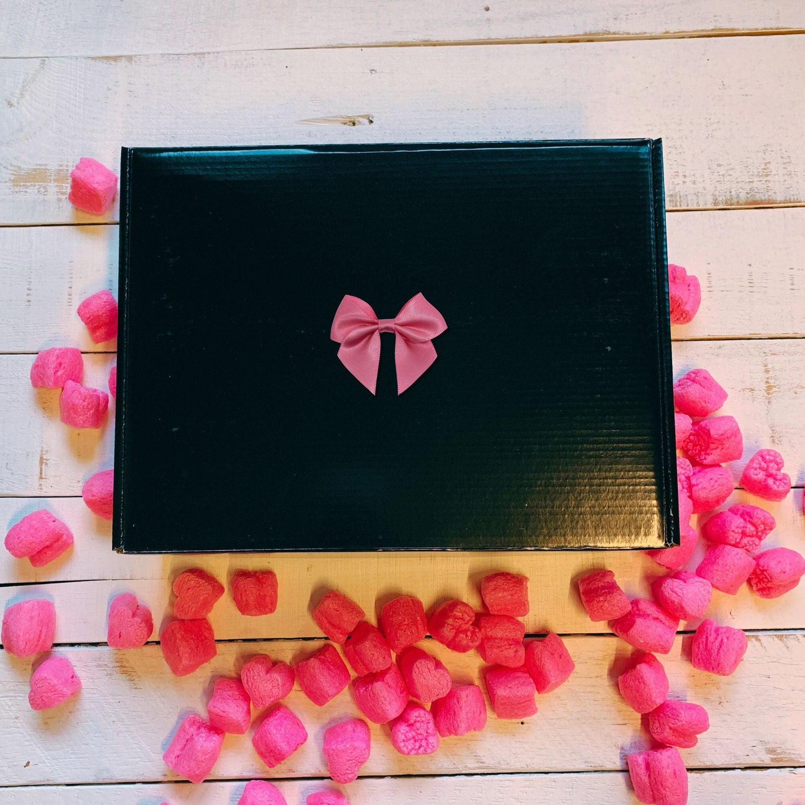 Ray of Pitch Black Witchy Gift Box with Compostable Pink Heart Packing Peanuts