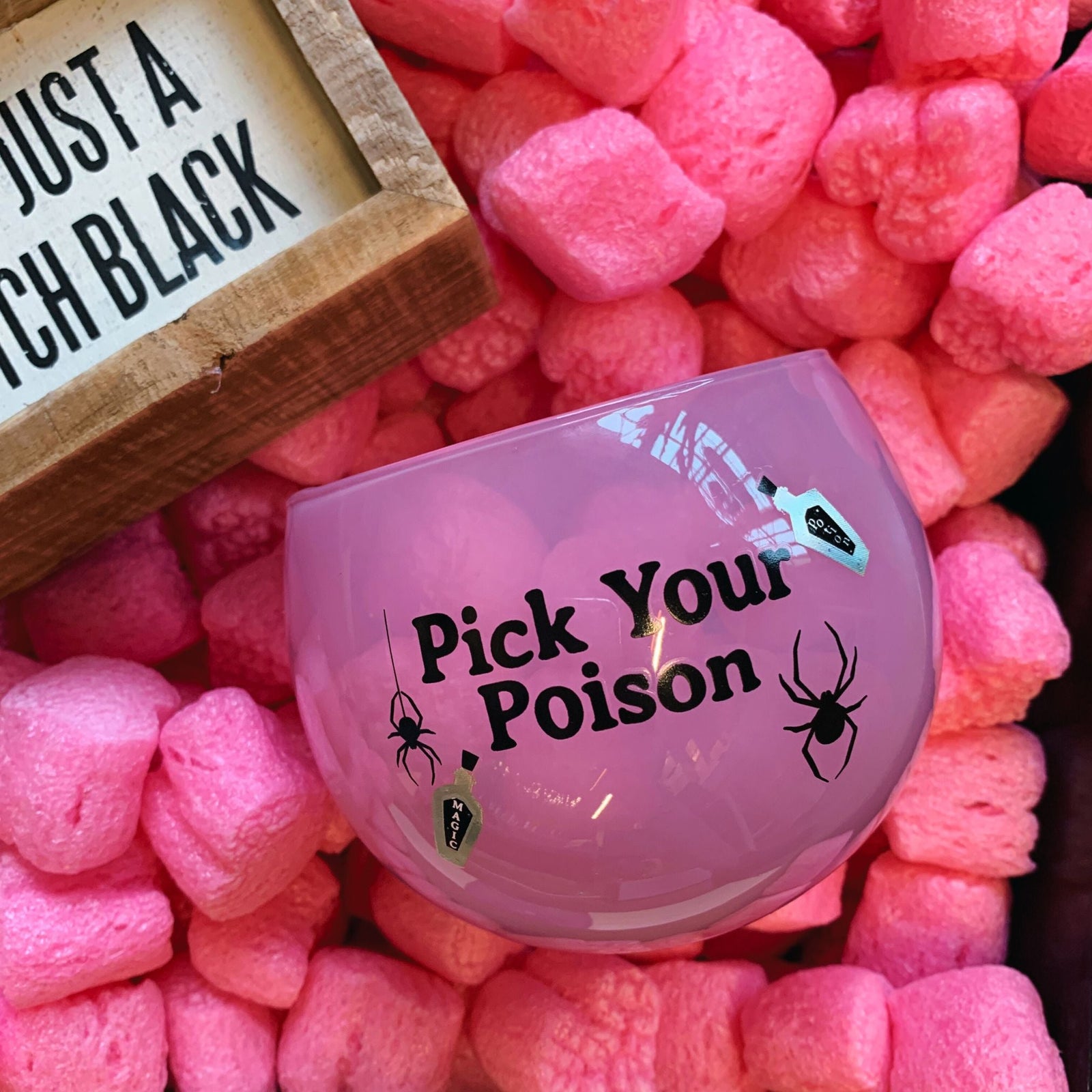 Ray of Pitch Black Witchy Gift Box with Compostable Pink Heart Packing Peanuts