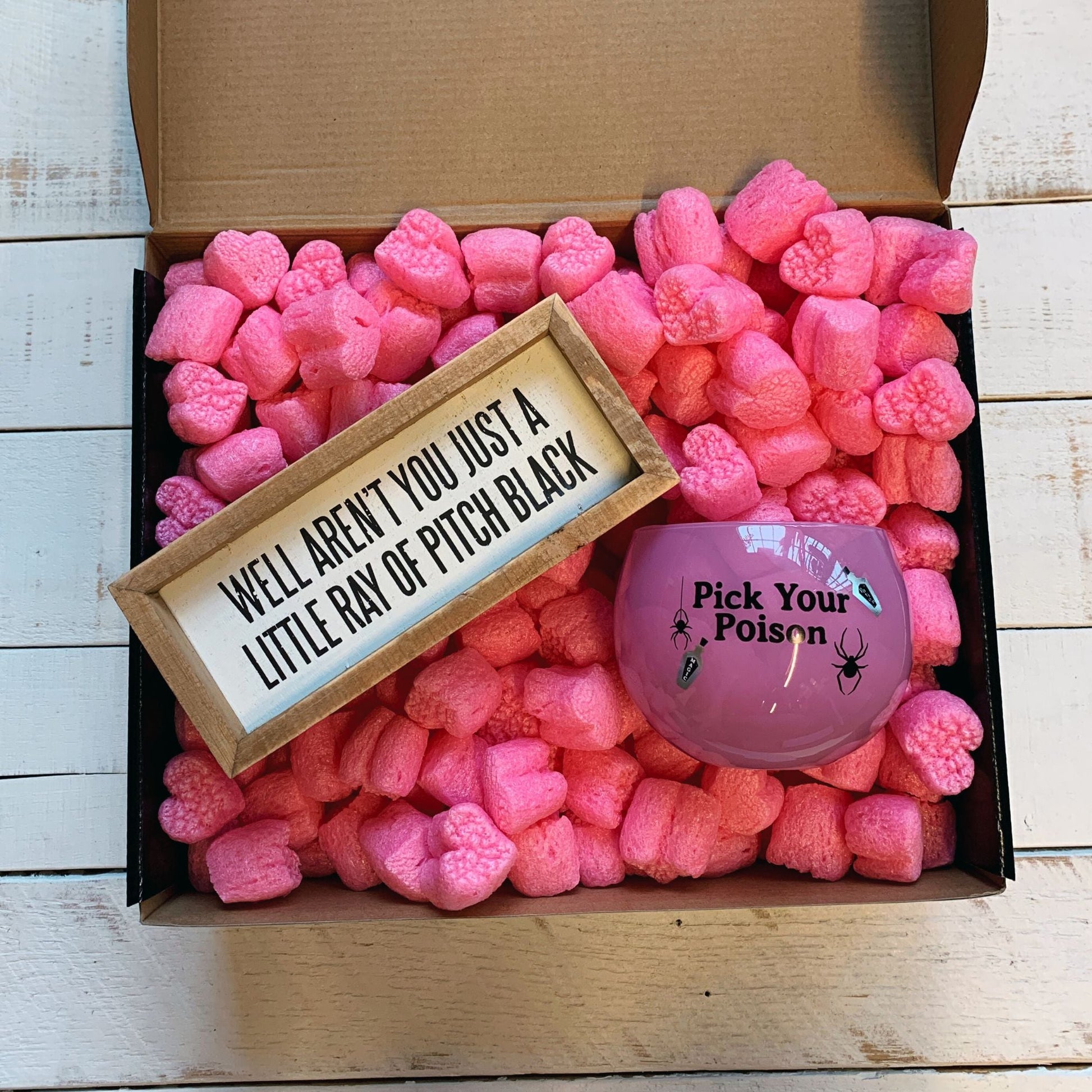 Ray of Pitch Black Witchy Gift Box with Compostable Pink Heart Packing Peanuts