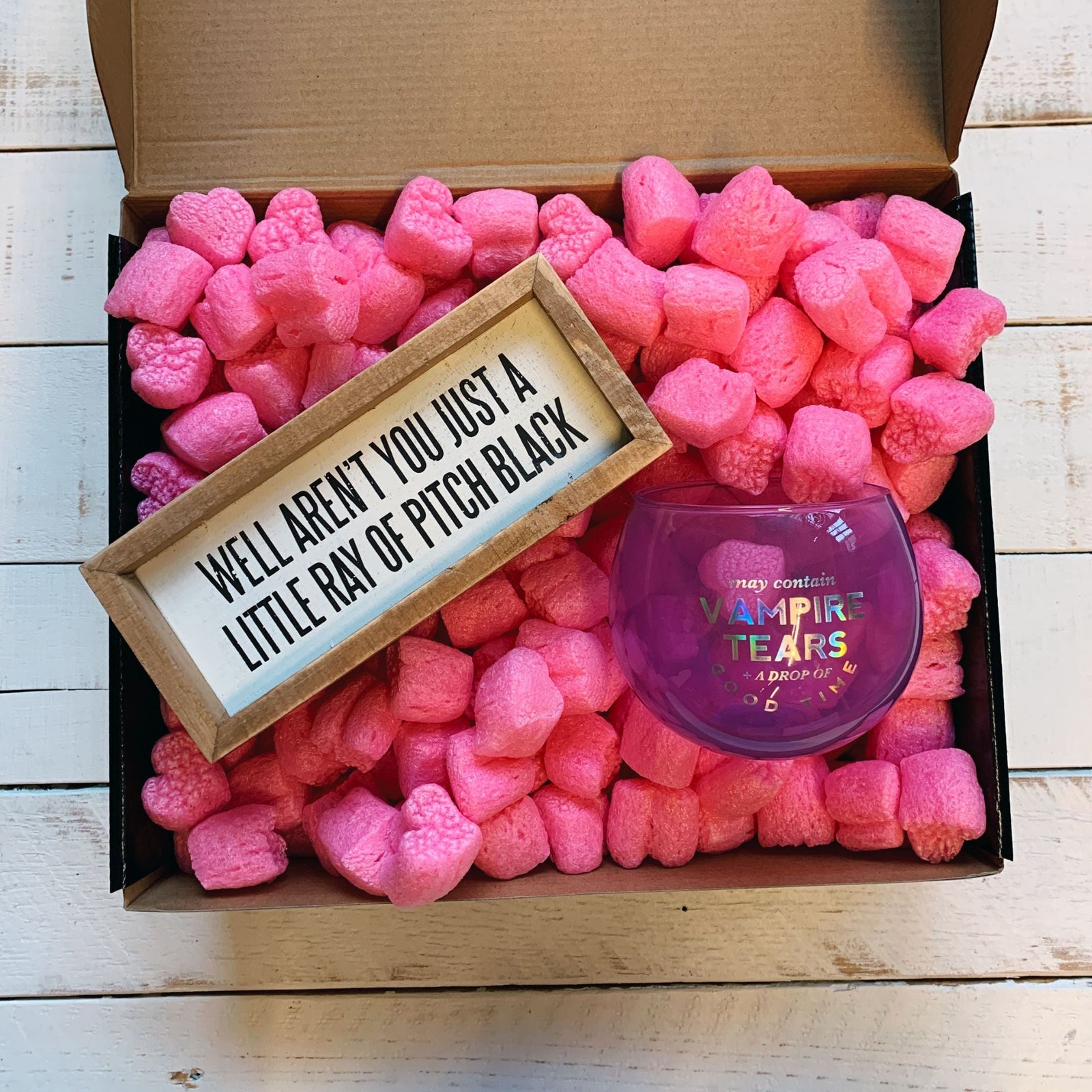 Ray of Pitch Black Witchy Gift Box with Compostable Pink Heart Packing Peanuts