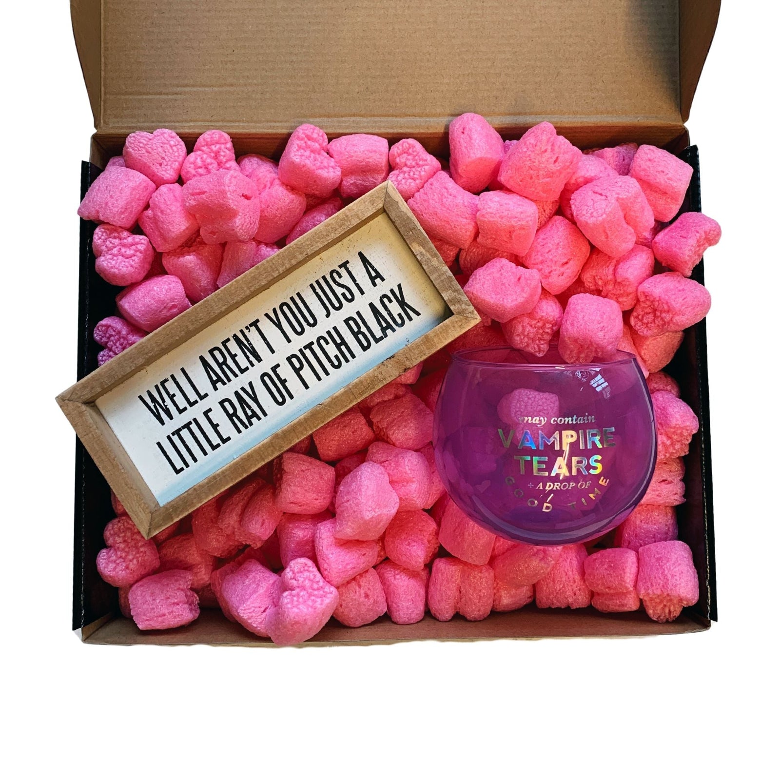 Ray of Pitch Black Witchy Gift Box with Compostable Pink Heart Packing Peanuts