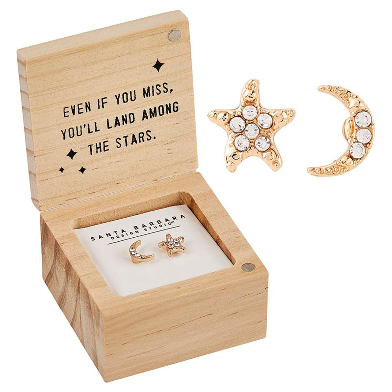 Reach for the Moon Treasure Box Earrings | Star and Moon Shaped Earrings in Wooden Gift Box