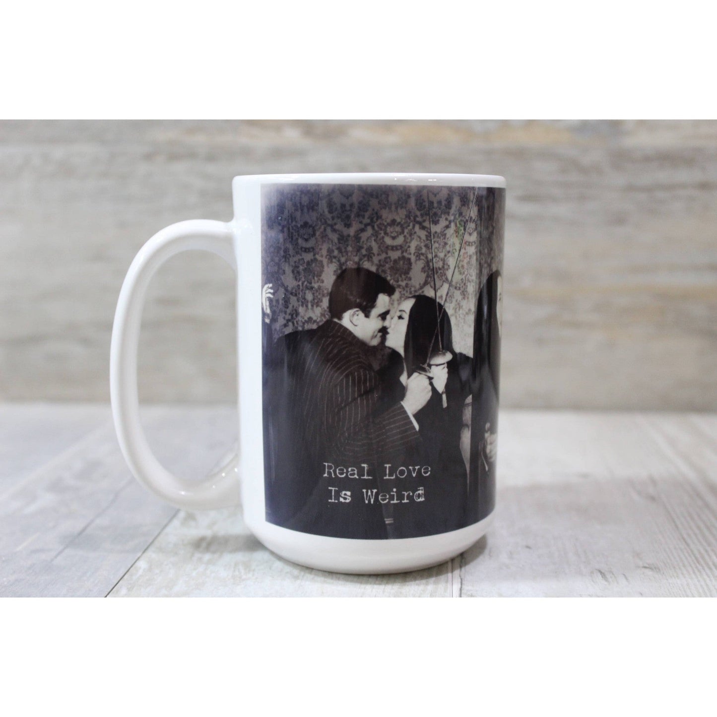 Real Love Is Weird Morticia and Gomez Hand Printed Ceramic Coffee Mug | The Addams Tea Cup | 15 oz