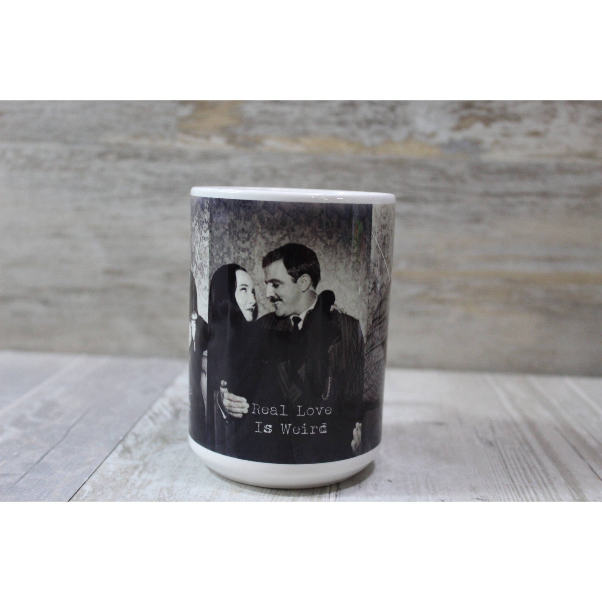 Real Love Is Weird Morticia and Gomez Hand Printed Ceramic Coffee Mug | The Addams Tea Cup | 15 oz