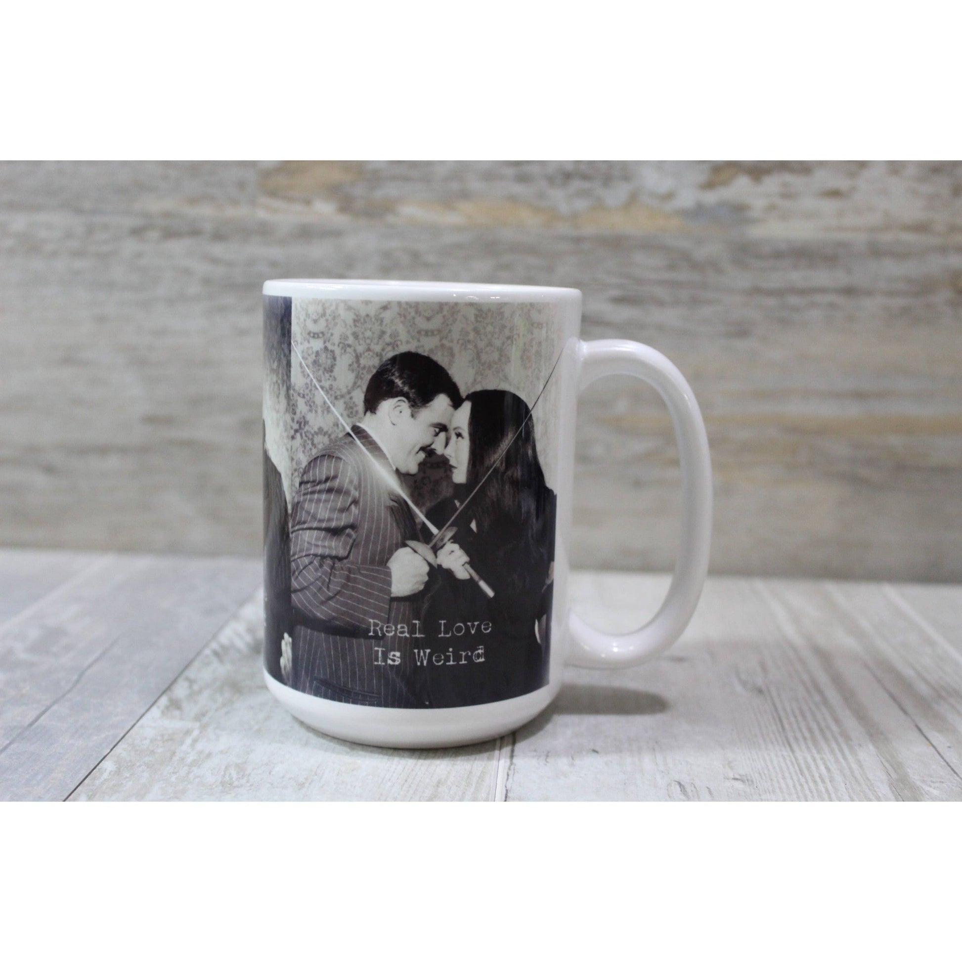 Real Love Is Weird Morticia and Gomez Hand Printed Ceramic Coffee Mug | The Addams Tea Cup | 15 oz