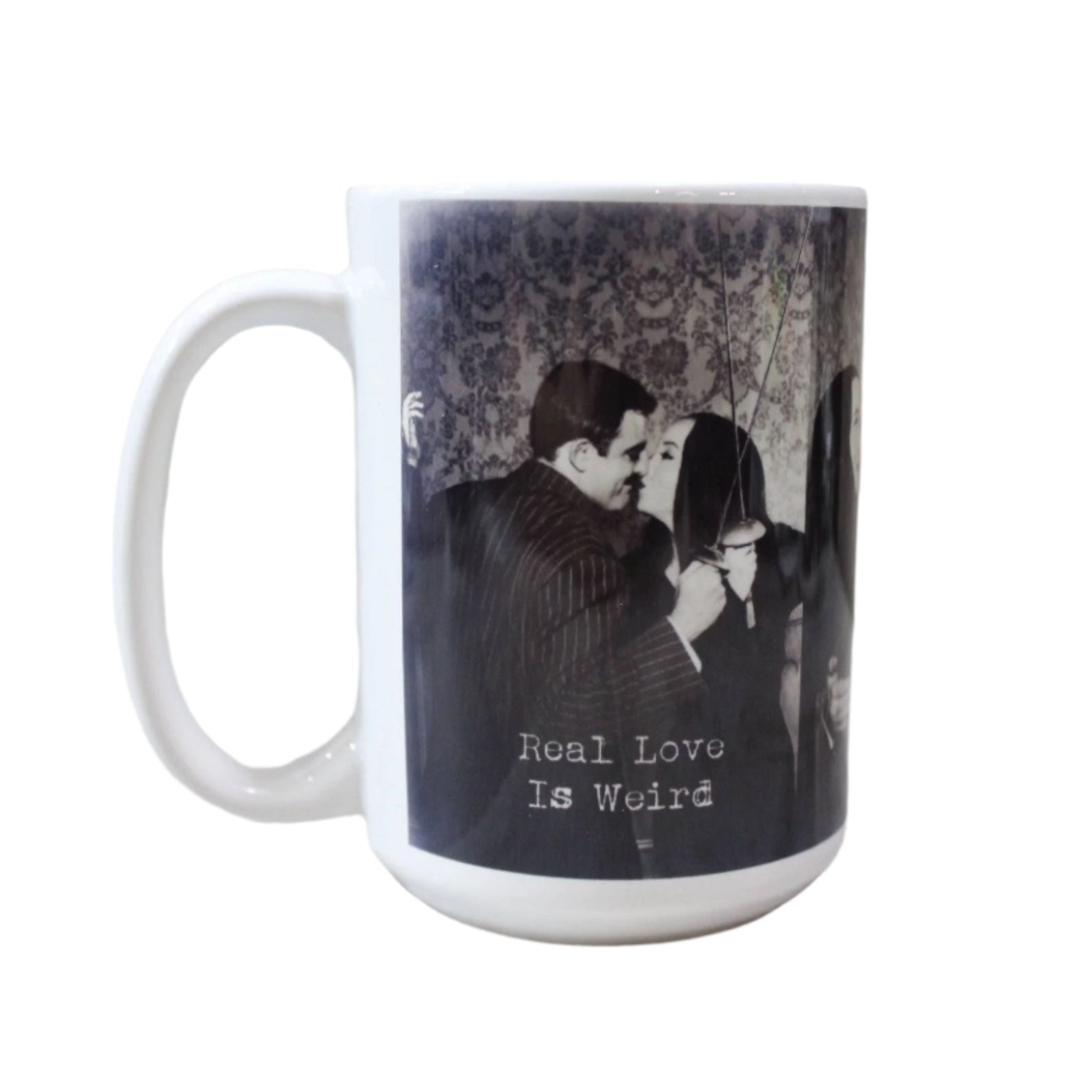 Real Love Is Weird Morticia and Gomez Hand Printed Ceramic Coffee Mug | The Addams Tea Cup | 15 oz