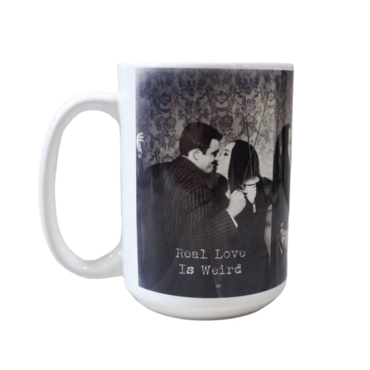 Real Love Is Weird Morticia and Gomez Hand Printed Ceramic Coffee Mug | The Addams Tea Cup | 15 oz