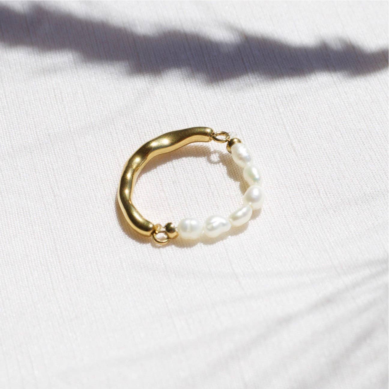 Real Pearls Hubert Half Pearl Half Gold Band Textured Ring | Gold Plated Stainless Steel Jewelry