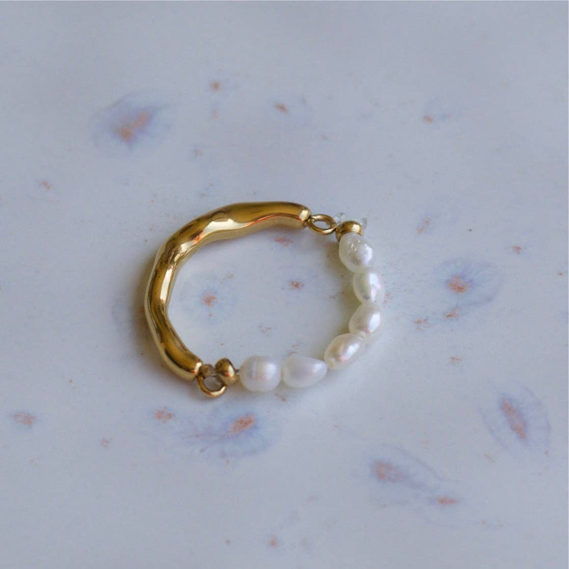 Real Pearls Hubert Half Pearl Half Gold Band Textured Ring | Gold Plated Stainless Steel Jewelry