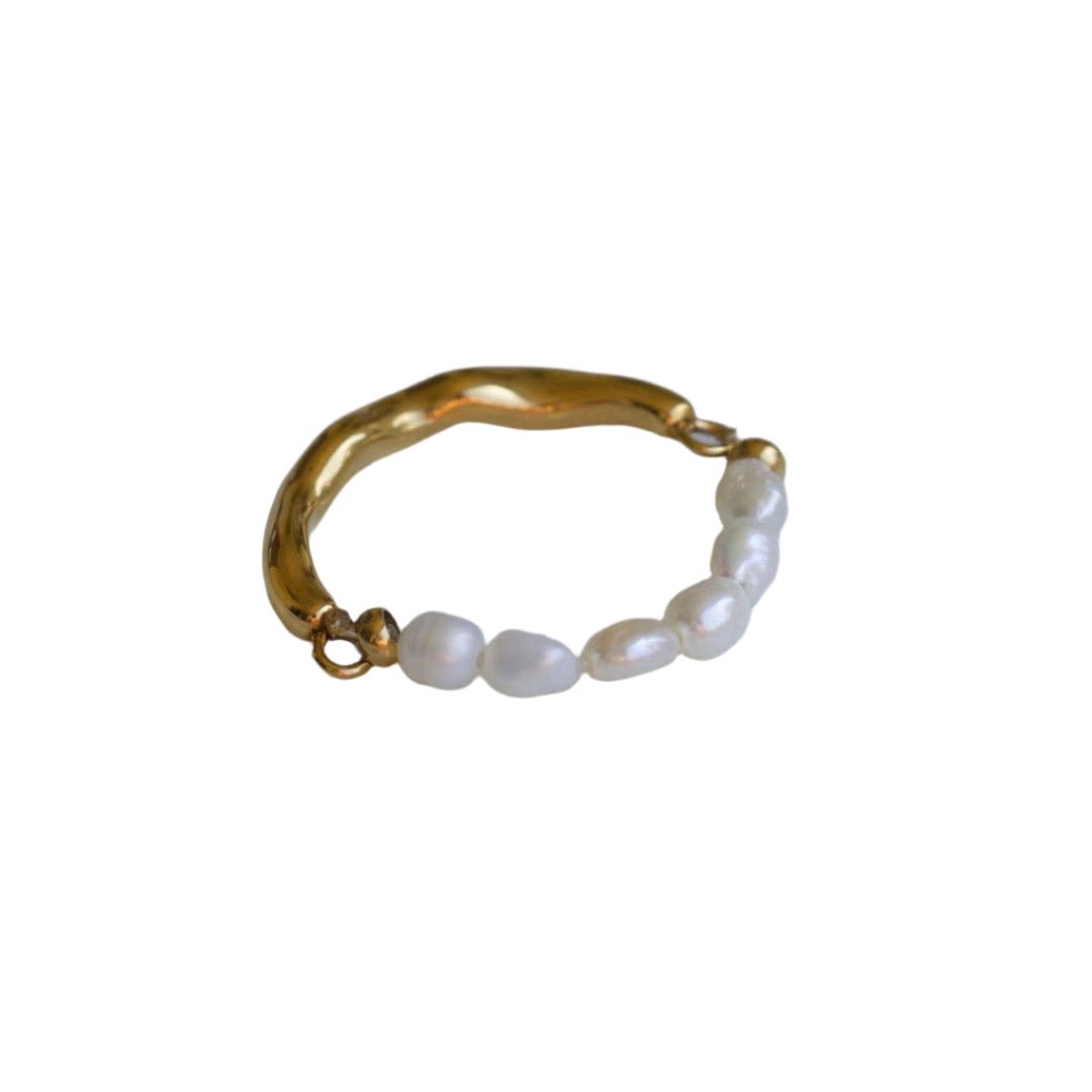 Real Pearls Hubert Half Pearl Half Gold Band Textured Ring | Gold Plated Stainless Steel Jewelry