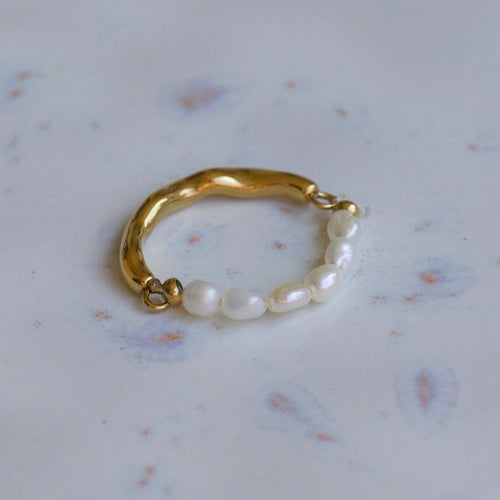 Real Pearls Hubert Half Pearl Half Gold Band Textured Ring | Gold Plated Stainless Steel Jewelry