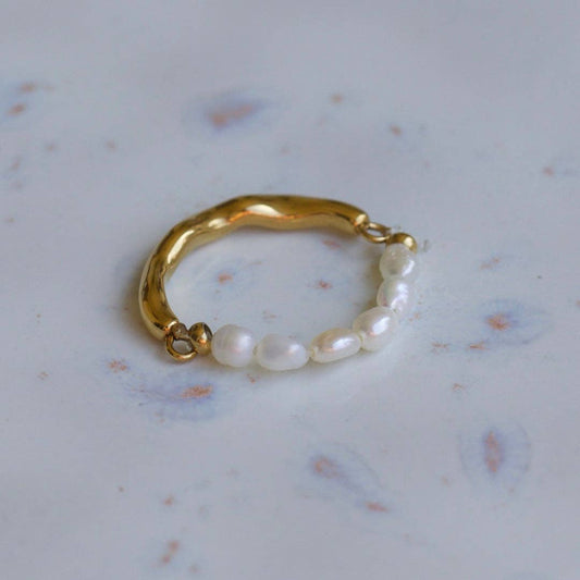 Real Pearls Hubert Half Pearl Half Gold Band Textured Ring | Gold Plated Stainless Steel Jewelry