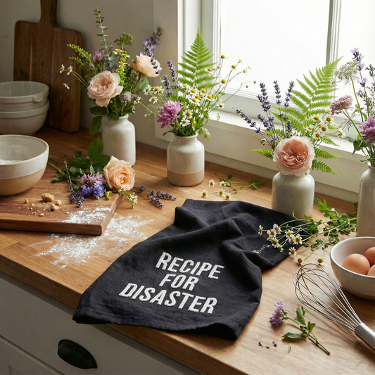 Recipe For Disaster Dish Cloth Towel | Novelty Tea Towel | Embroidered Text | 20" x 28"