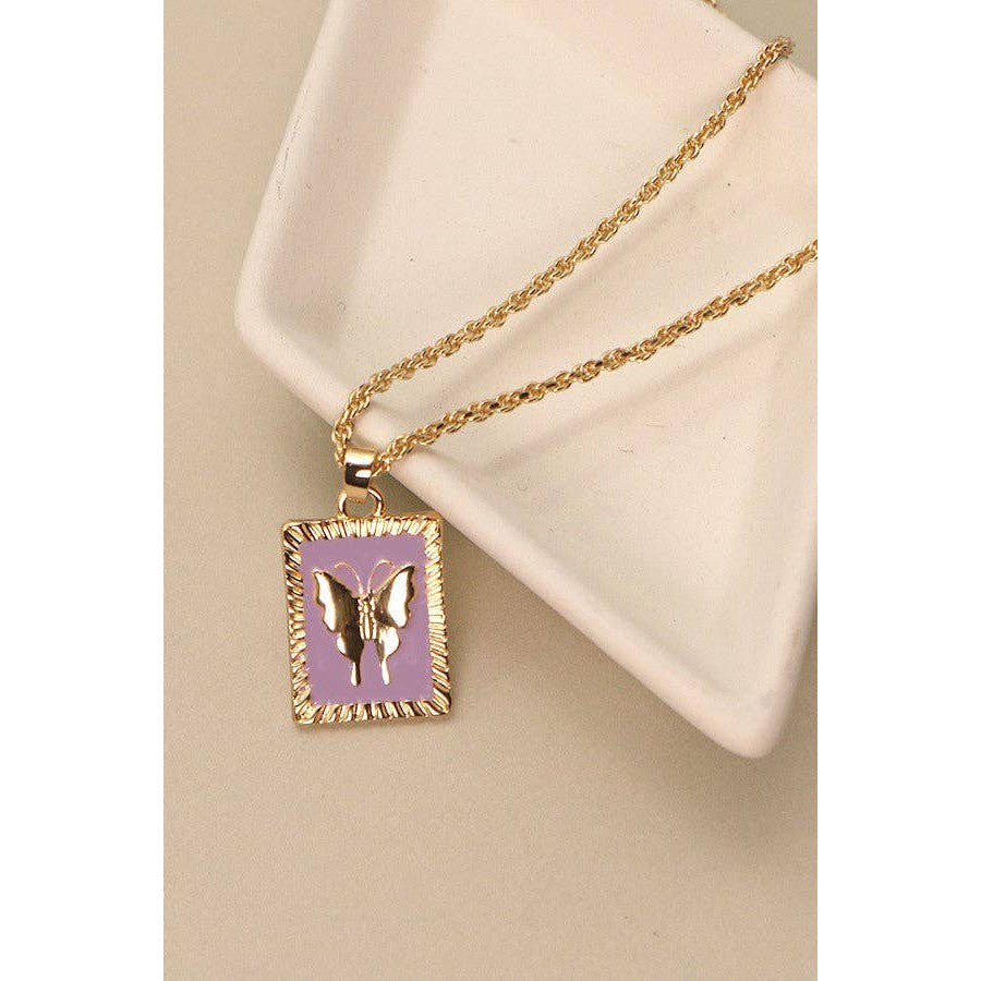 Rectangle Butterfly Epoxy Pendant Necklace | Gold Tone Chain Fashion Jewelry