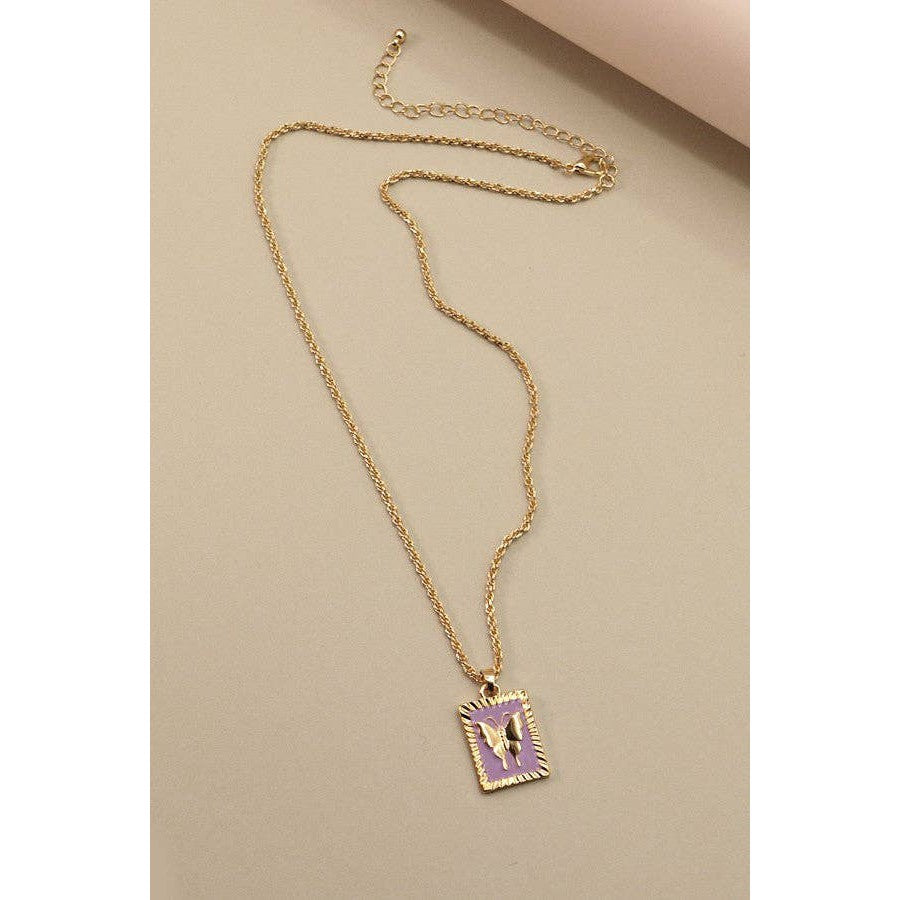 Rectangle Butterfly Epoxy Pendant Necklace | Gold Tone Chain Fashion Jewelry