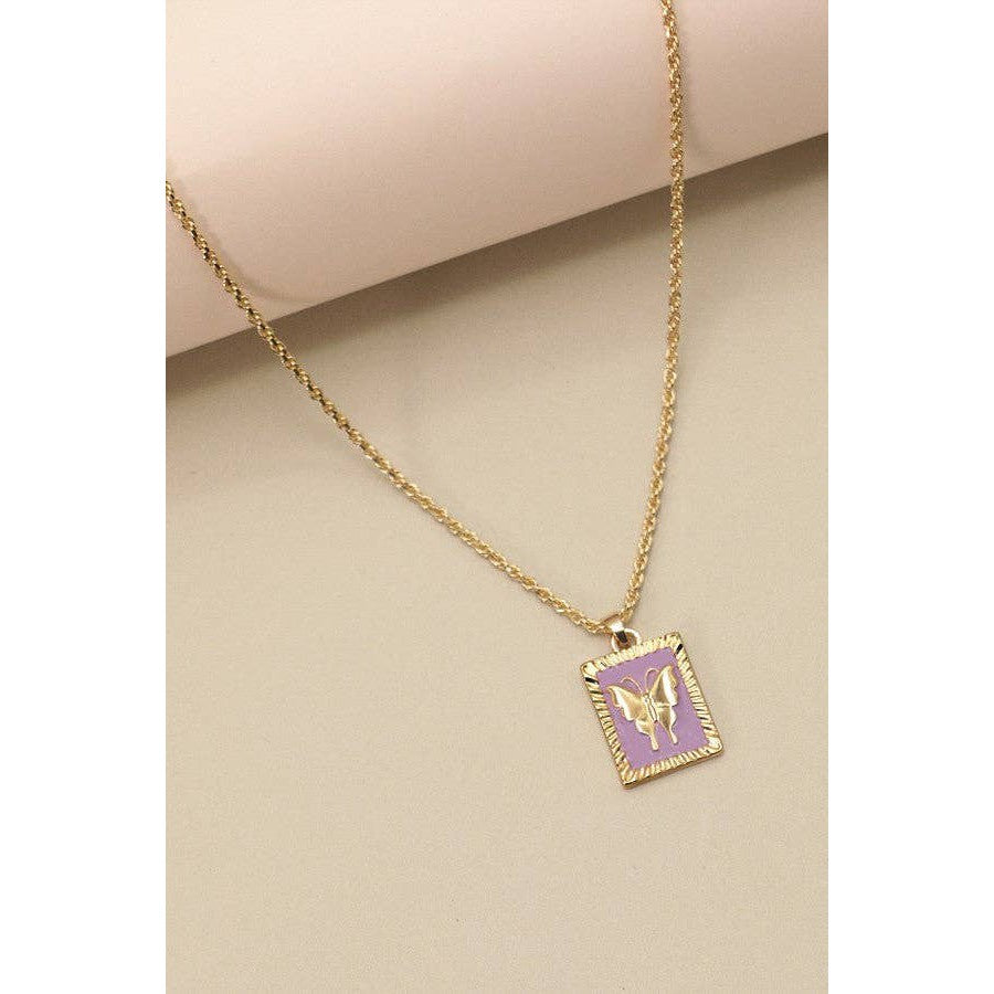 Rectangle Butterfly Epoxy Pendant Necklace | Gold Tone Chain Fashion Jewelry