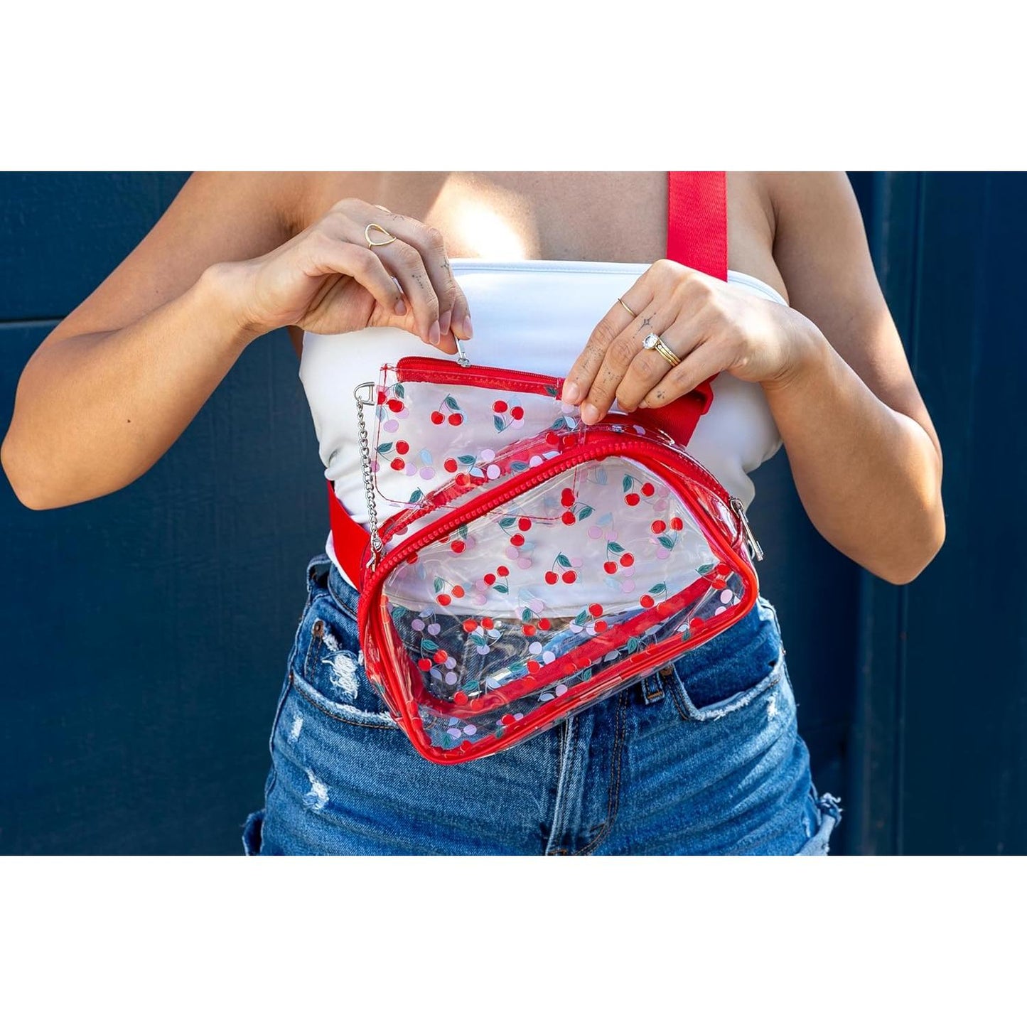 Red Cherries Clear Adjustable Belt Bag | Transparent Fruit Print Crossbody Waist Bag