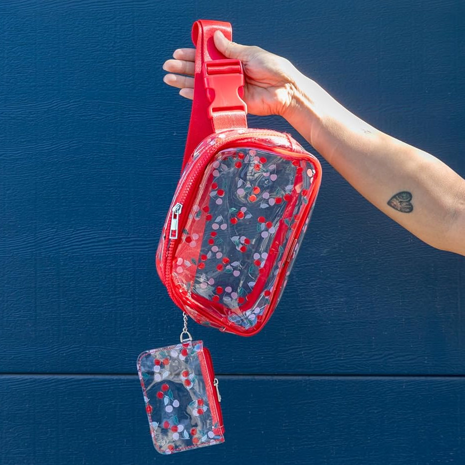 Red Cherries Clear Adjustable Belt Bag | Transparent Fruit Print Crossbody Waist Bag