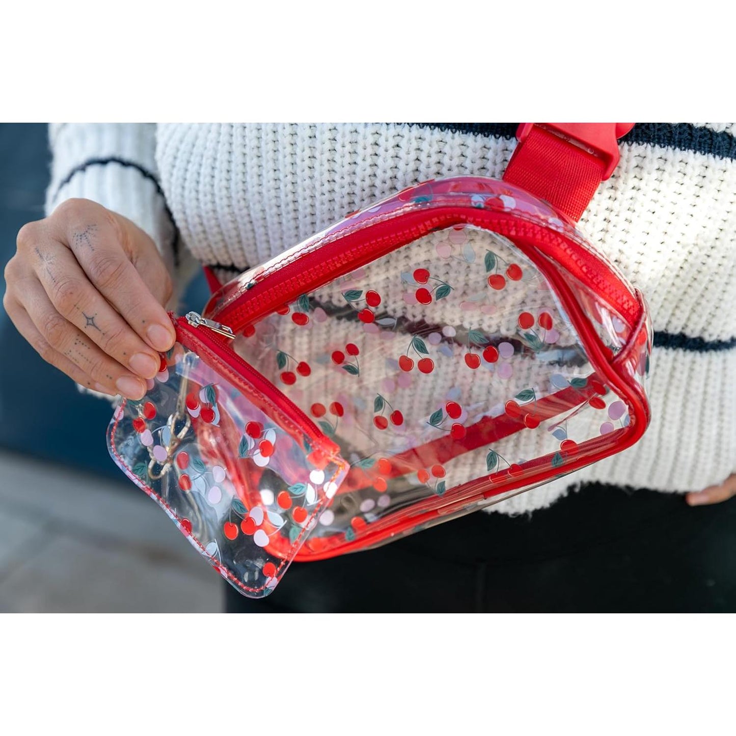 Red Cherries Clear Adjustable Belt Bag | Transparent Fruit Print Crossbody Waist Bag