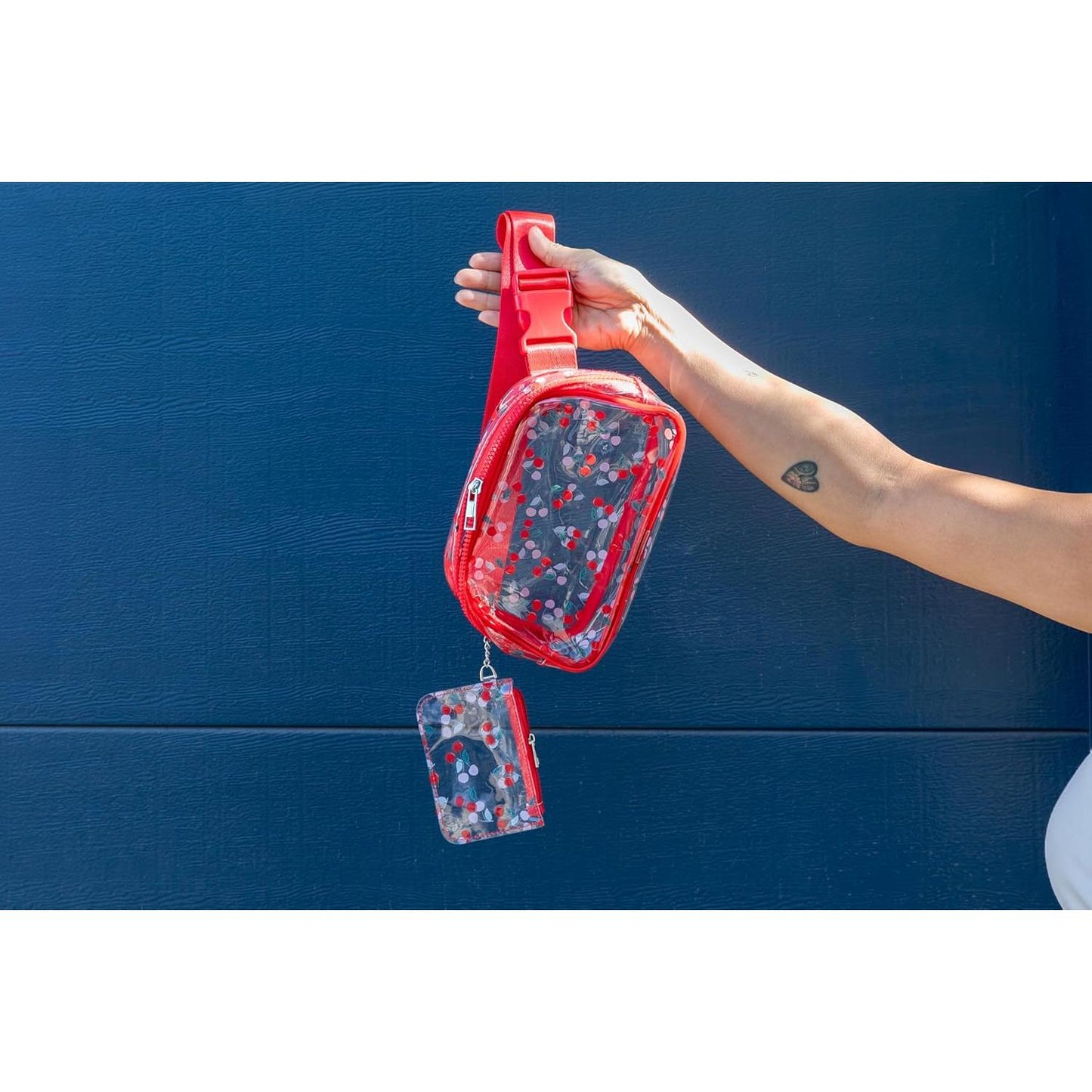 Red Cherries Clear Adjustable Belt Bag | Transparent Fruit Print Crossbody Waist Bag