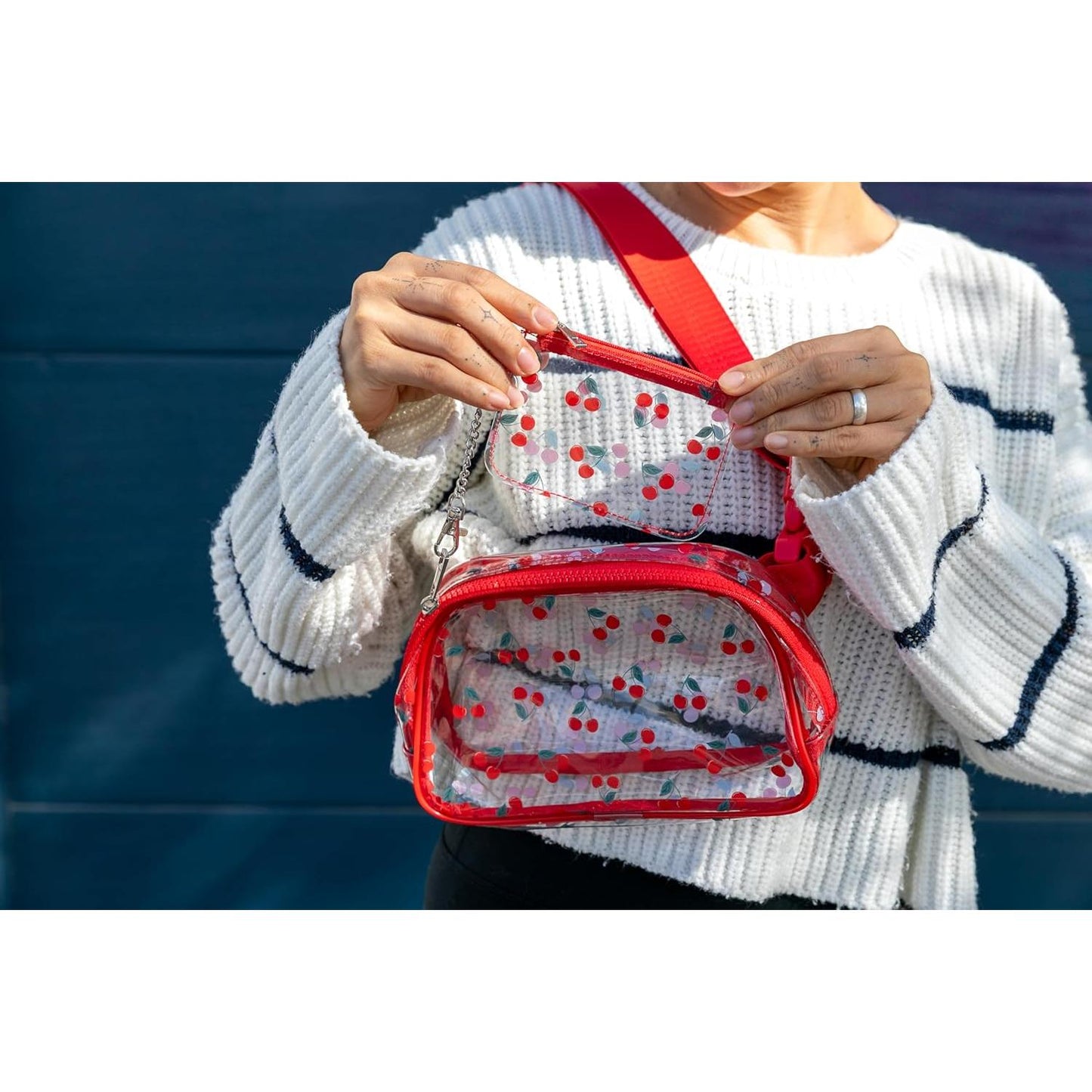 Red Cherries Clear Adjustable Belt Bag | Transparent Fruit Print Crossbody Waist Bag