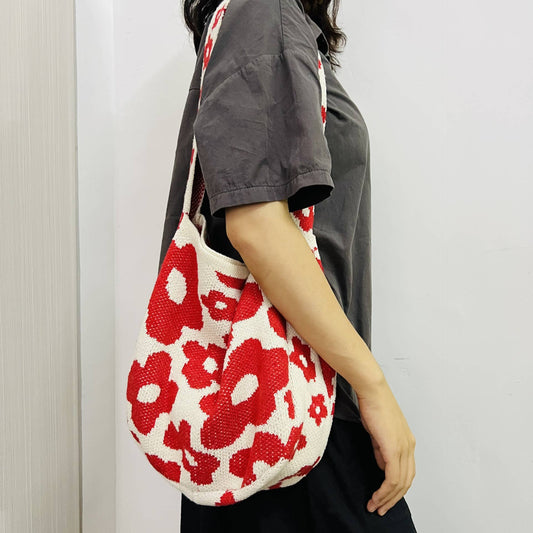 Red Flowers Knitted Single Strap Large Shoulder Tote Bag | 100%Acrylic / One Size | Handbag