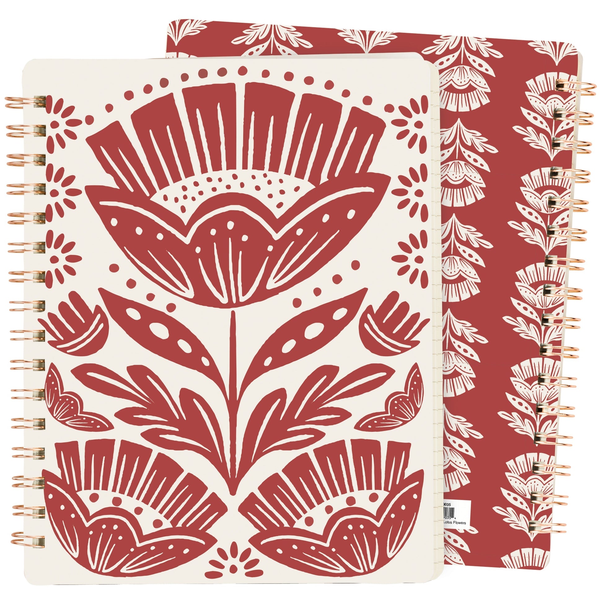 Red Folk Floral Spiral Notebook | Double-Sided Journal | 120 Lined Pages