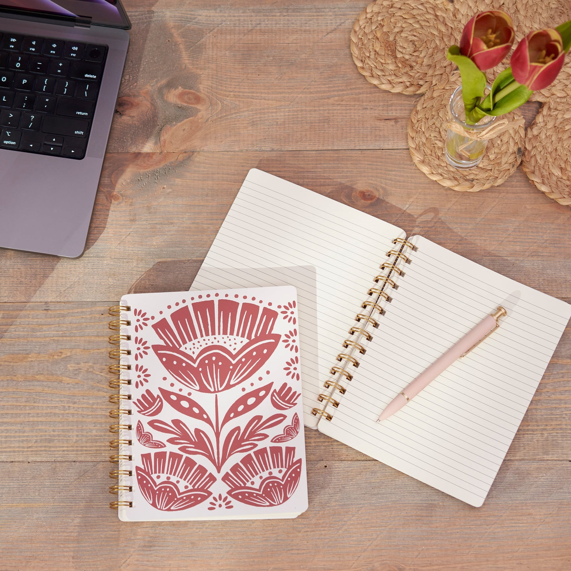 Red Folk Floral Spiral Notebook | Double-Sided Journal | 120 Lined Pages