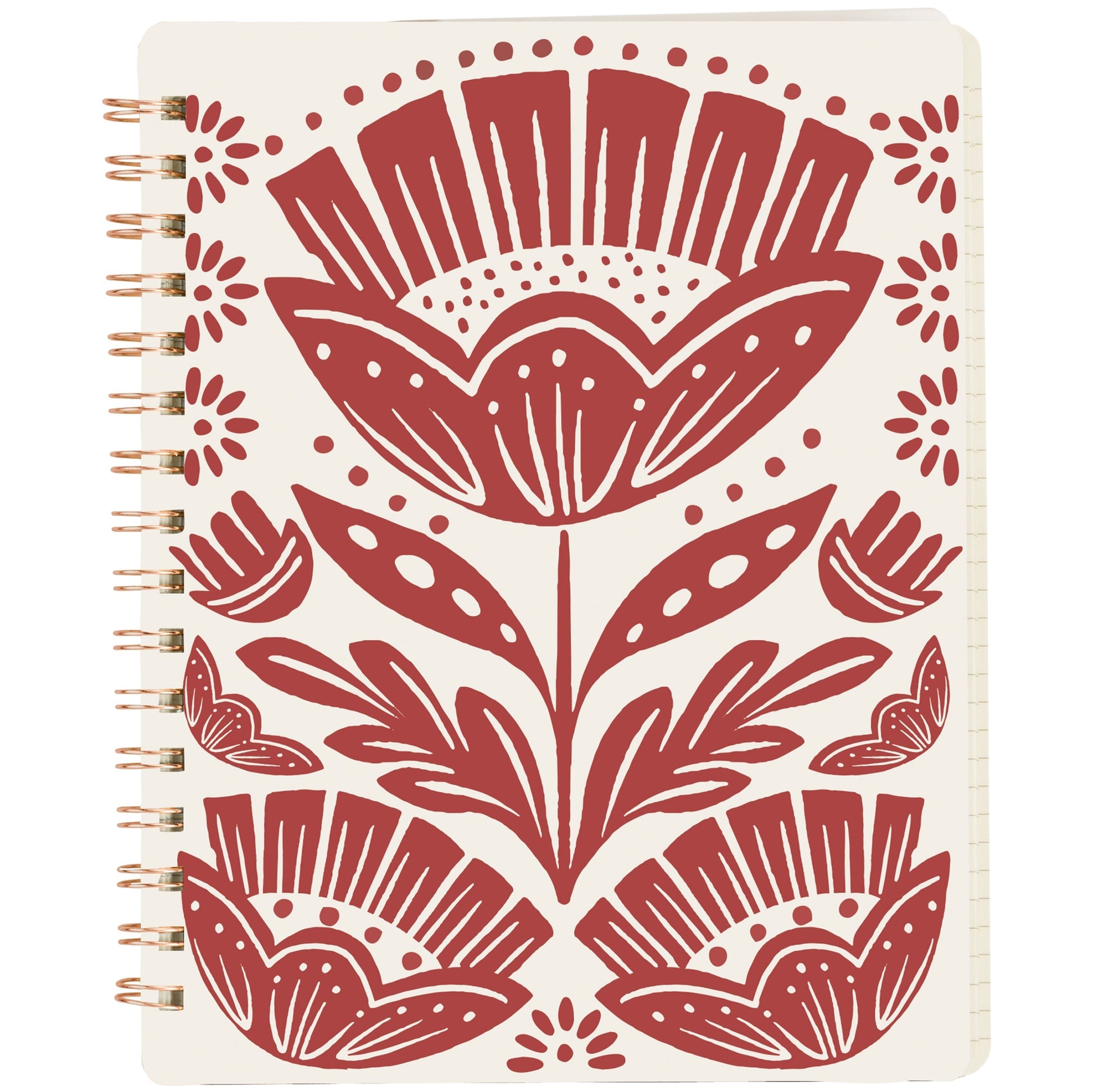 Red Folk Floral Spiral Notebook | Double-Sided Journal | 120 Lined Pages