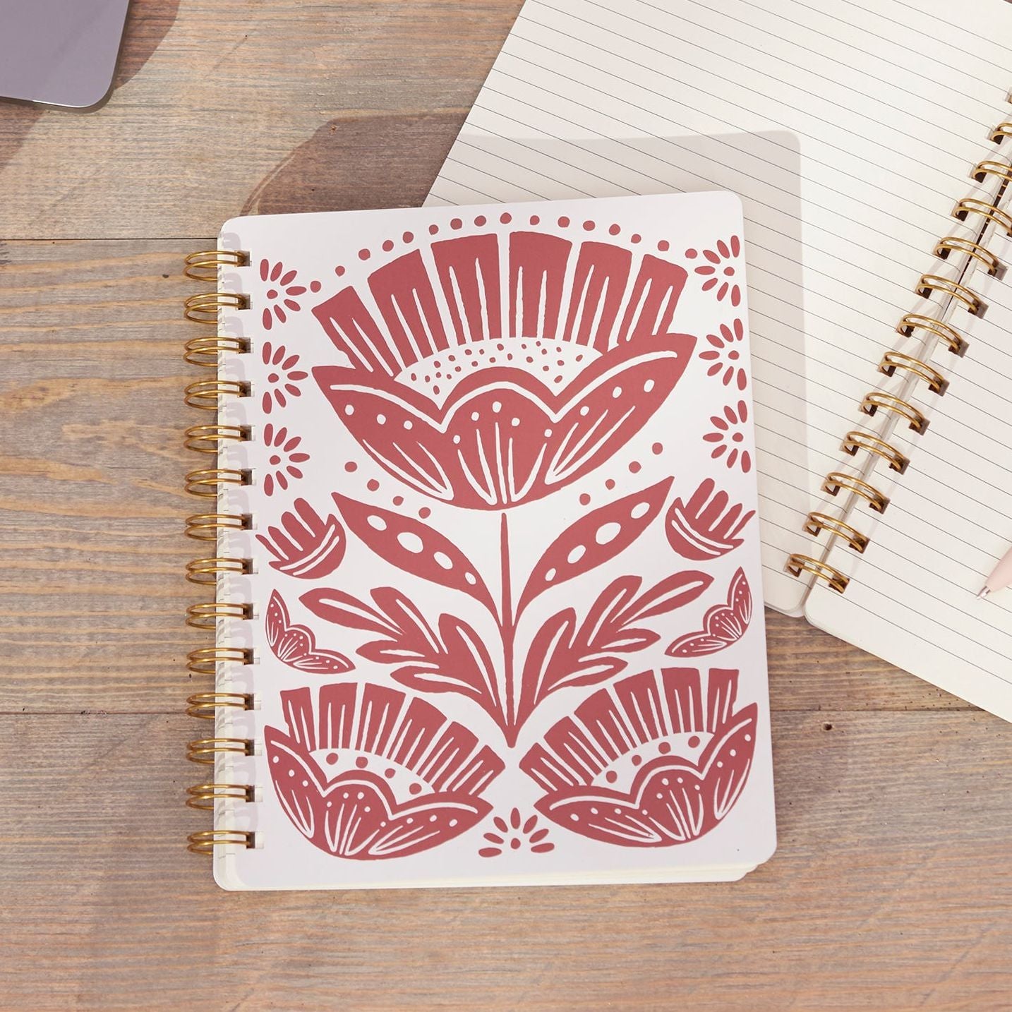 Red Folk Floral Spiral Notebook | Double-Sided Journal | 120 Lined Pages