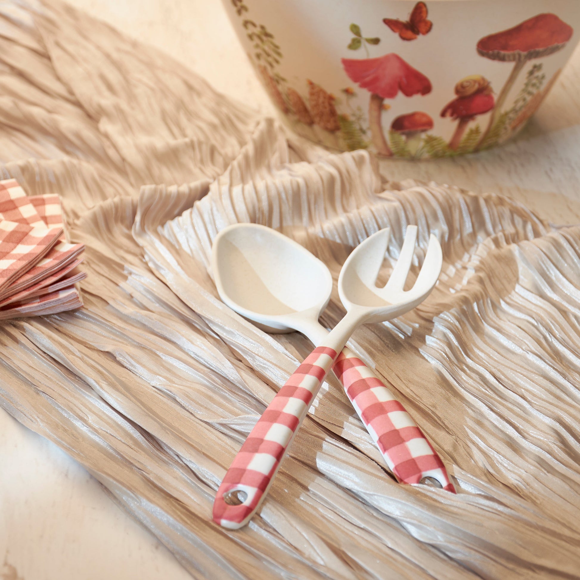 Red Gingham Serving Utensil Set | Checkered Spoon and Fork Rustic Tableware Set