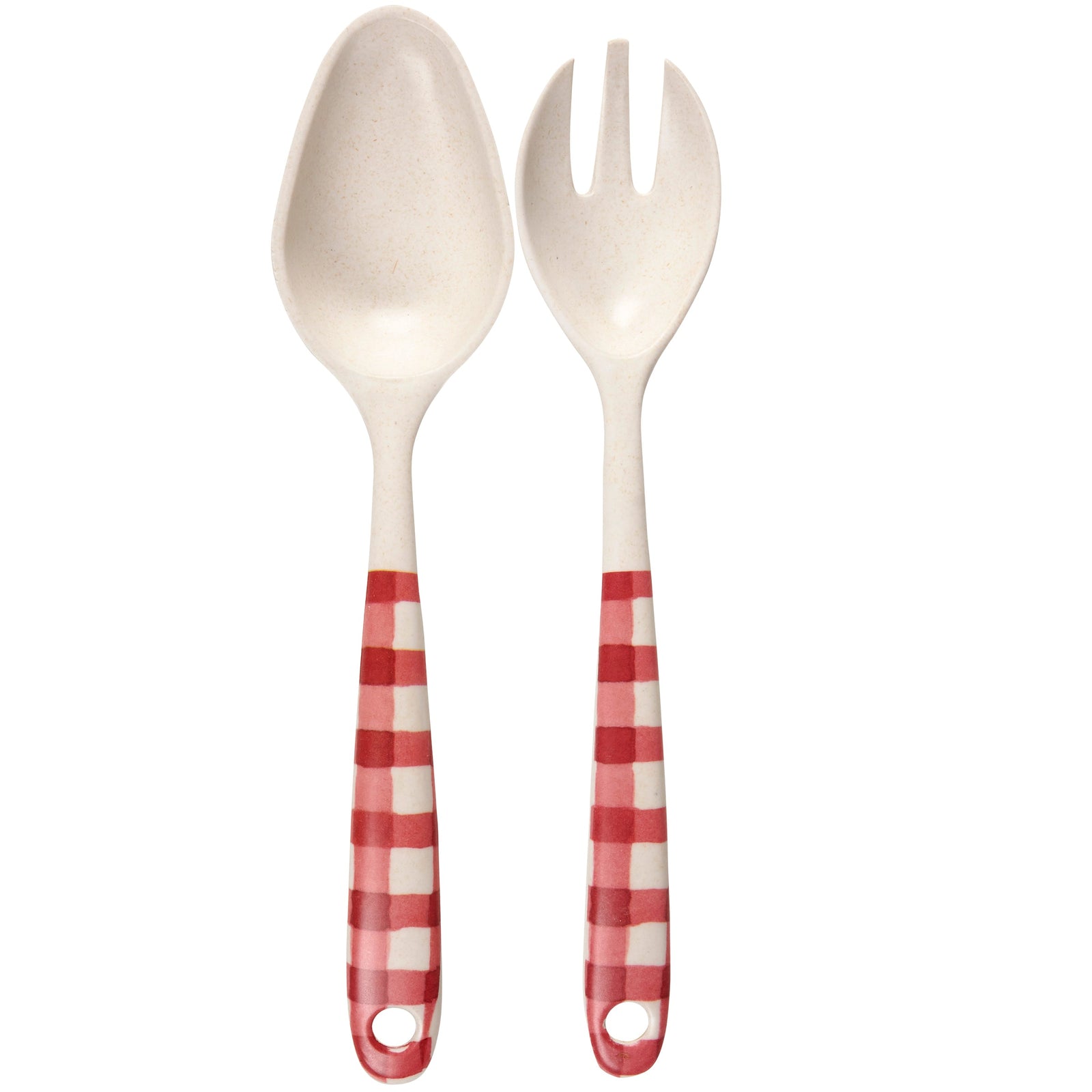 Red Gingham Serving Utensil Set | Checkered Spoon and Fork Rustic Tableware Set