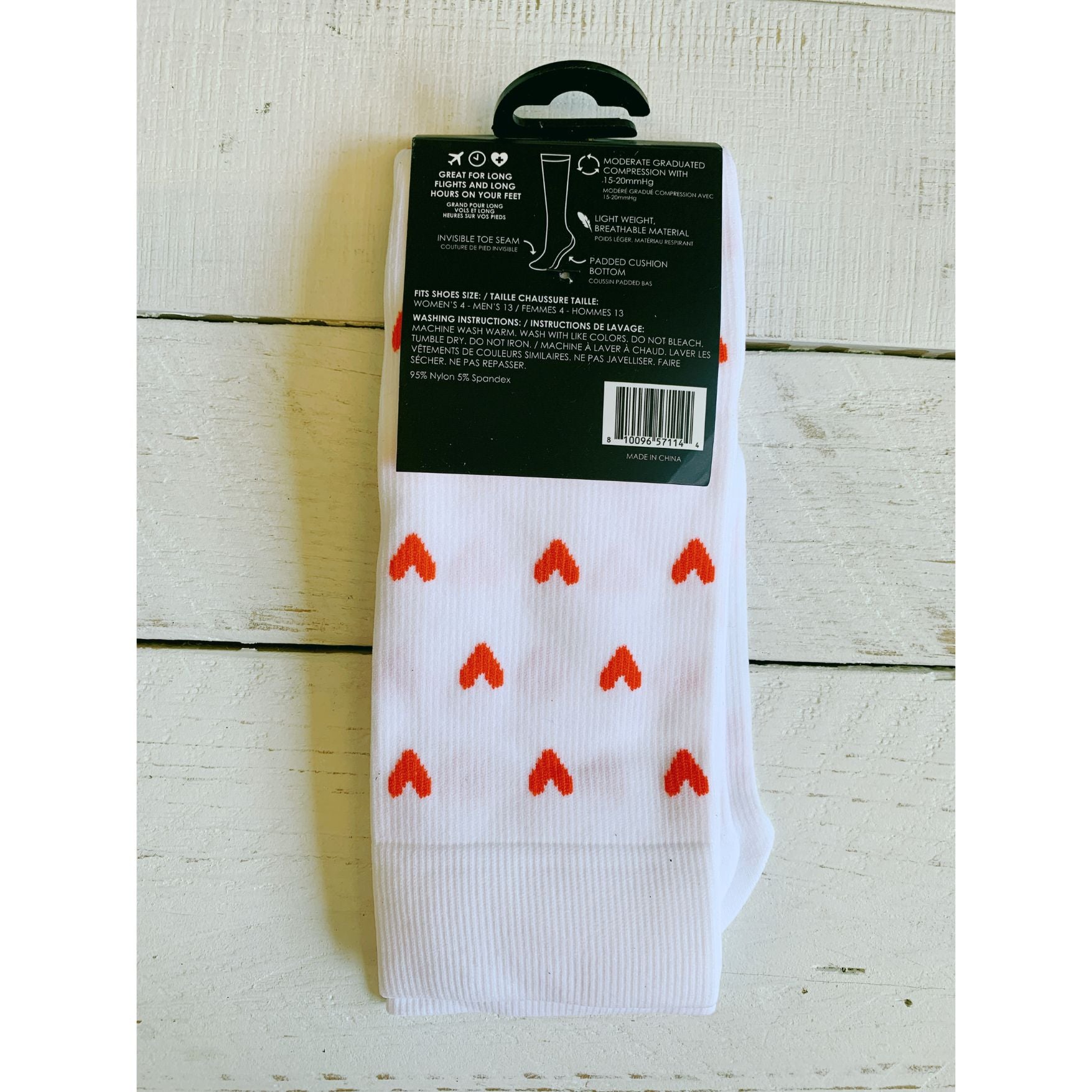 Red Hearts on White Long Compression Knee High Socks | Fits Women Shoe Size 4-12