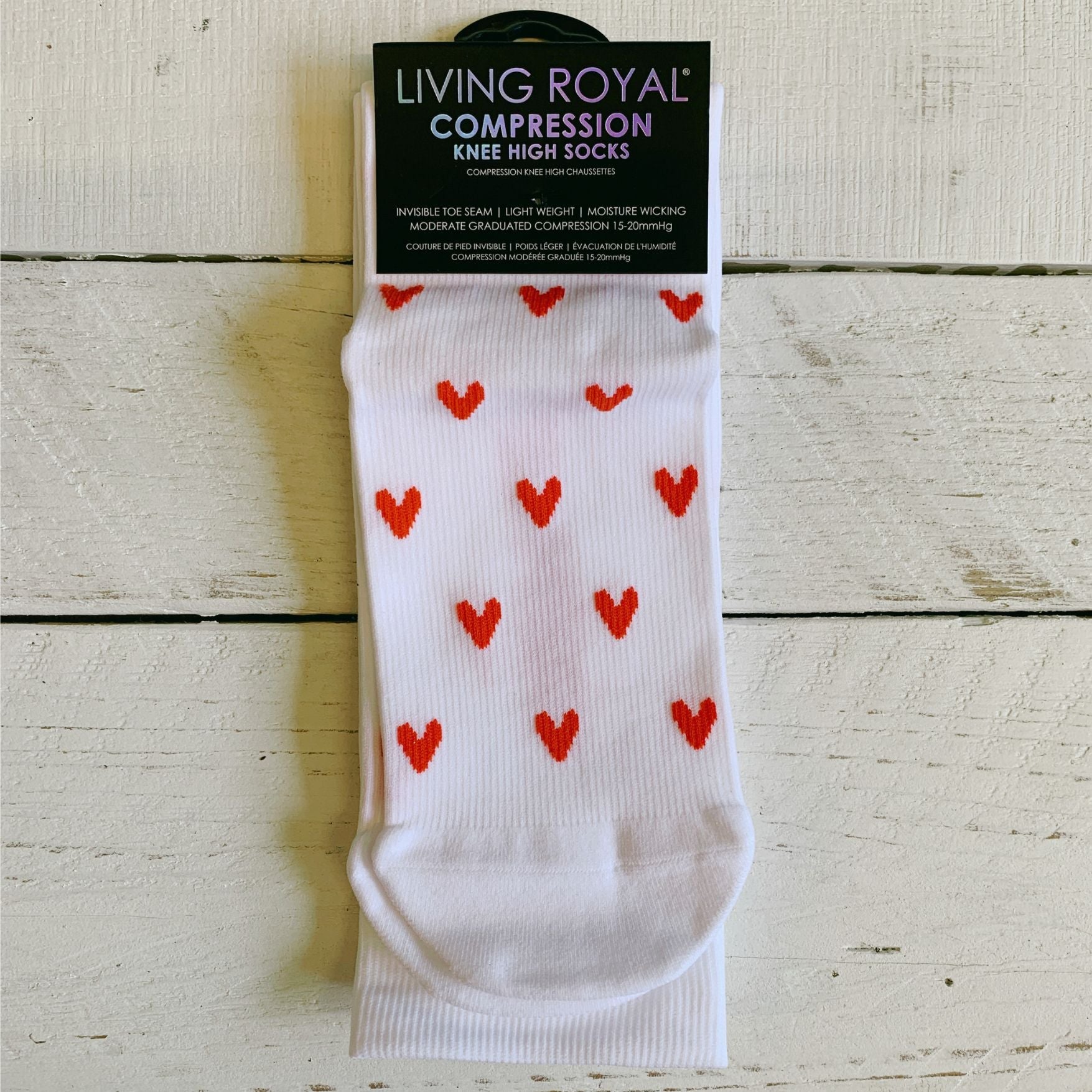 Red Hearts on White Long Compression Knee High Socks | Fits Women Shoe Size 4-12