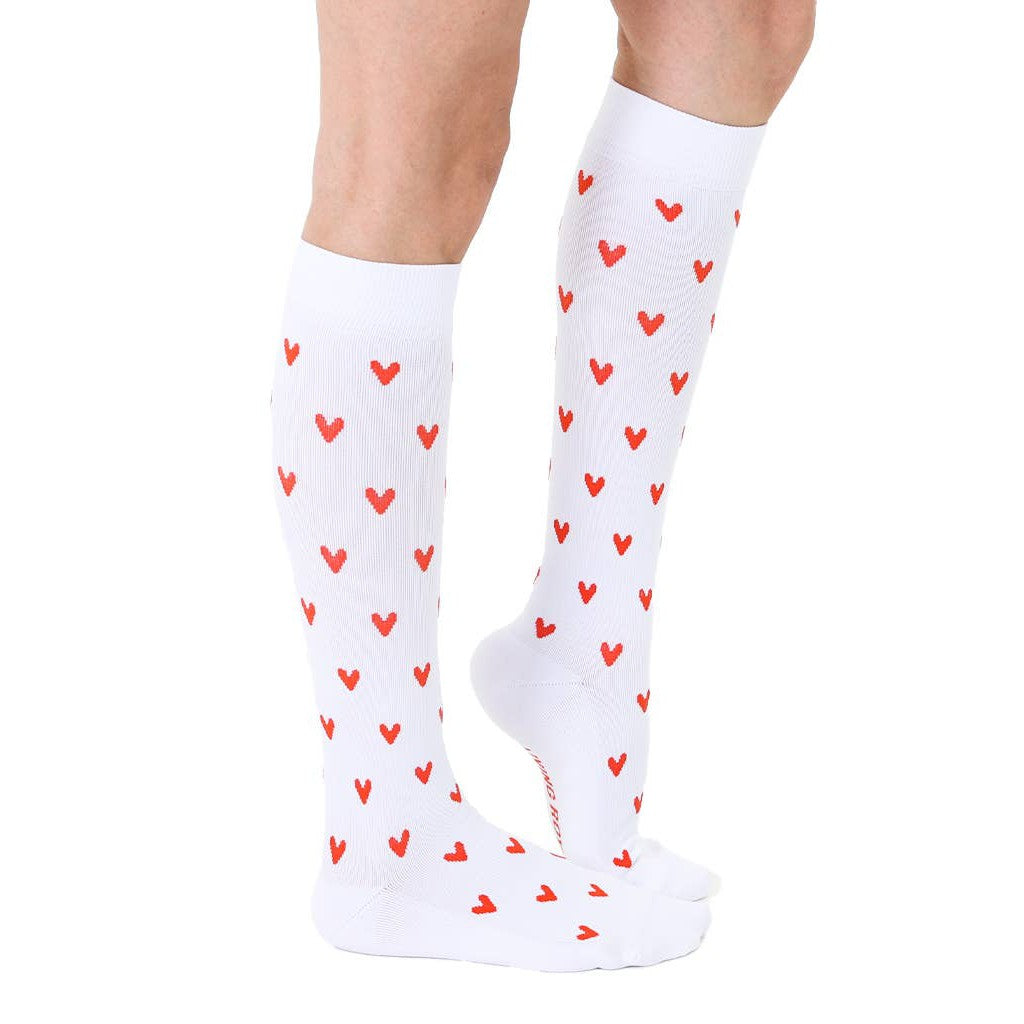 Red Hearts on White Long Compression Knee High Socks | Fits Women Shoe Size 4-12