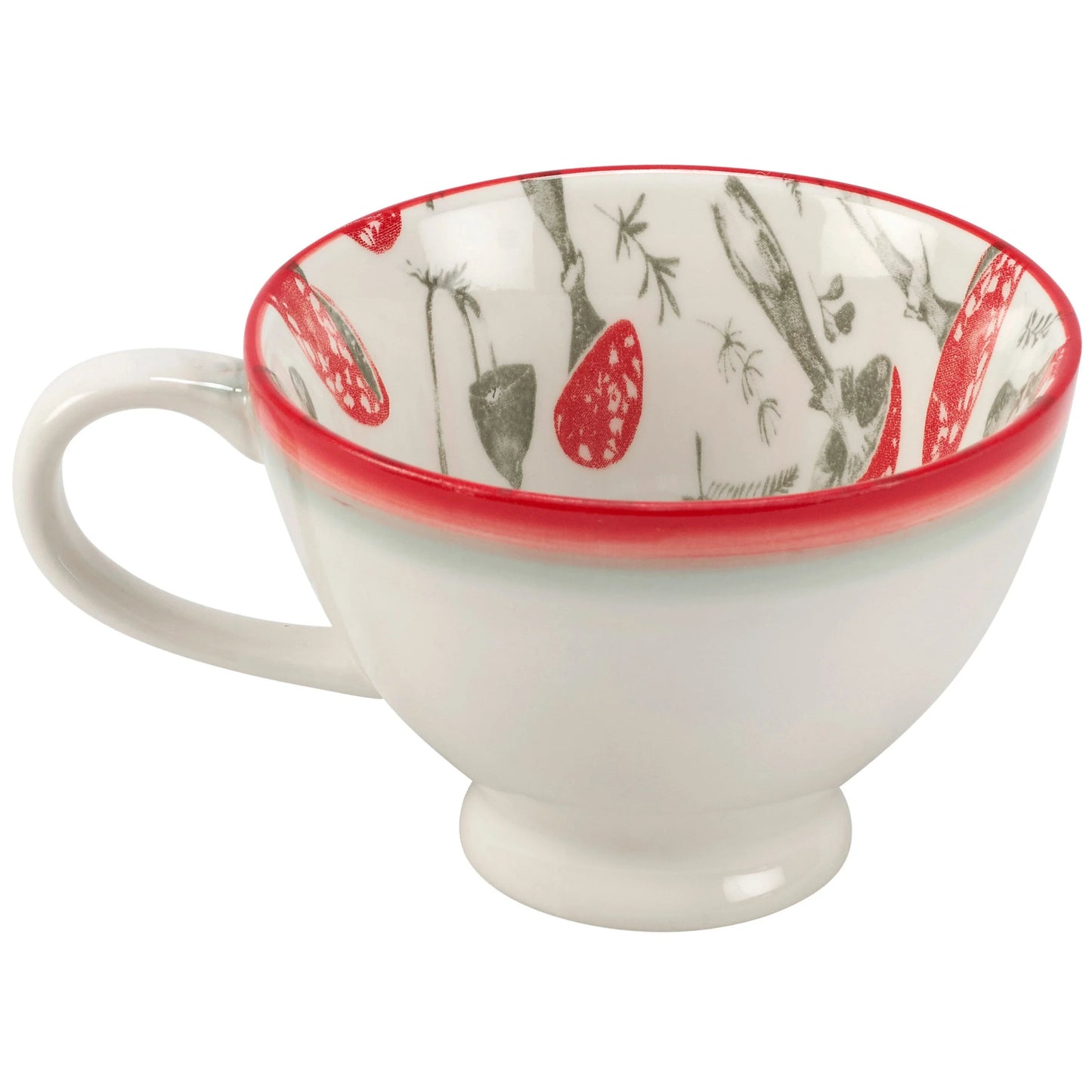 Ceramic cup with red interior and floral pattern on a white background