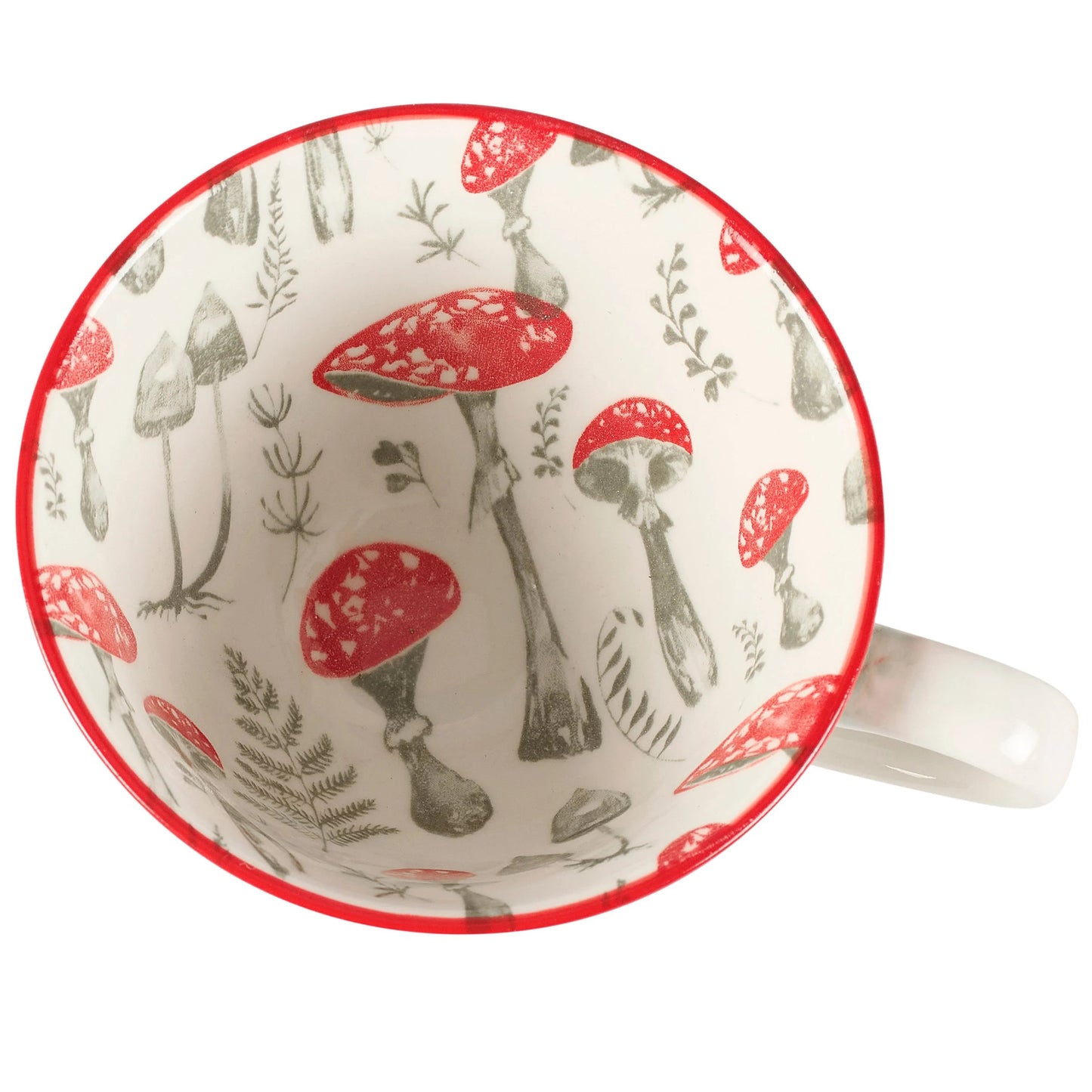 Mug with red and black mushroom pattern on a white background