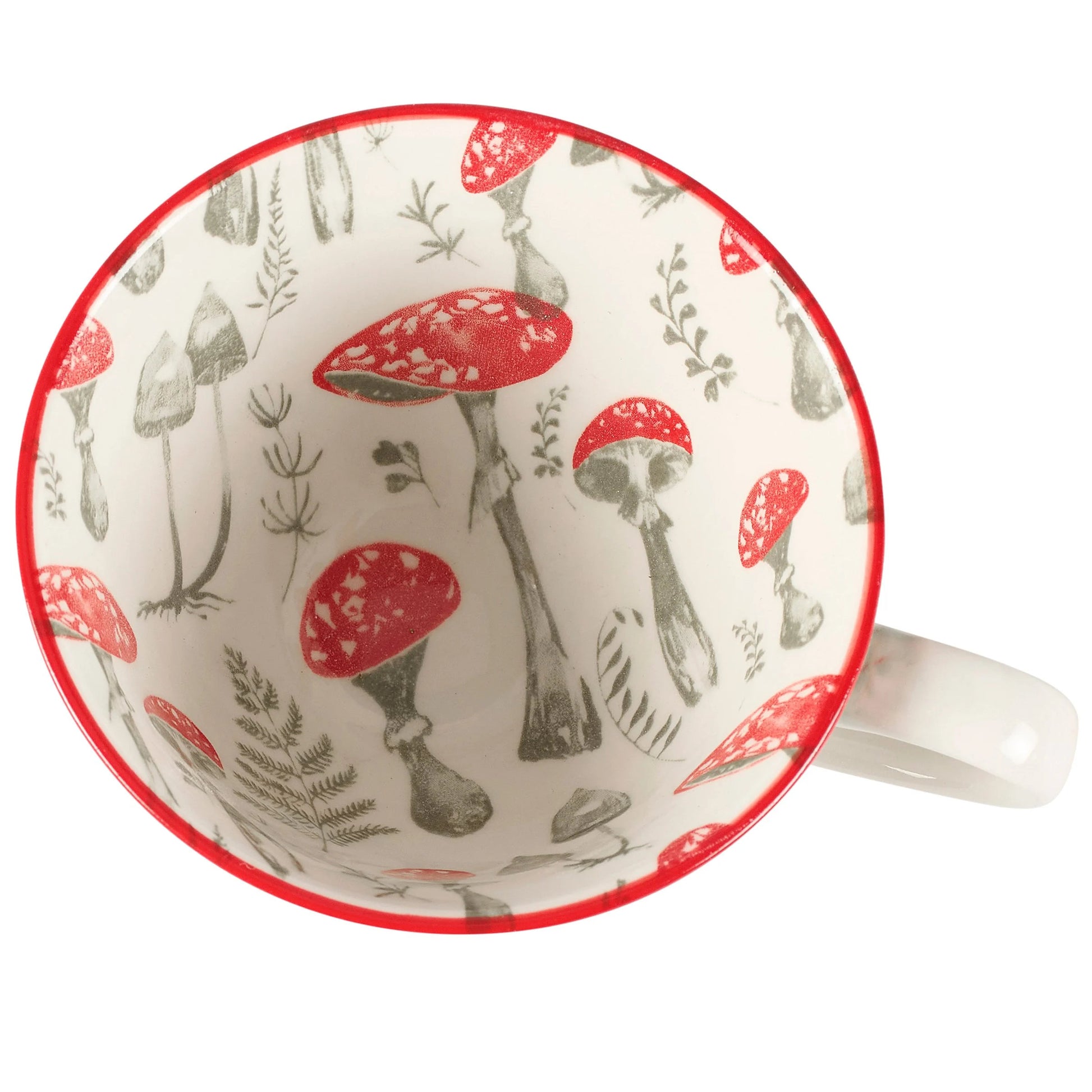 Mug with red and black mushroom pattern on a white background