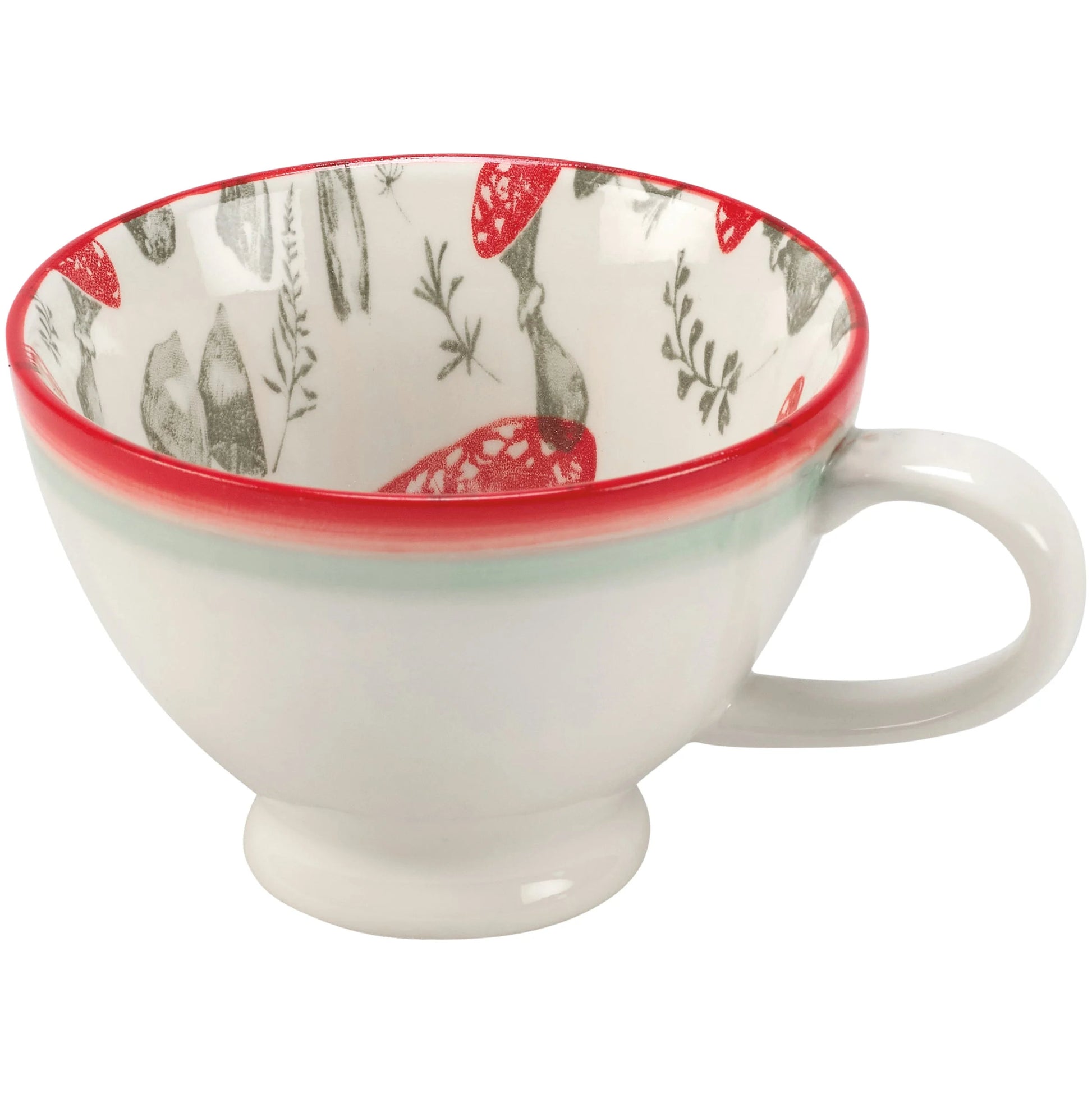White teacup with red rim and mushroom floral pattern on a white background