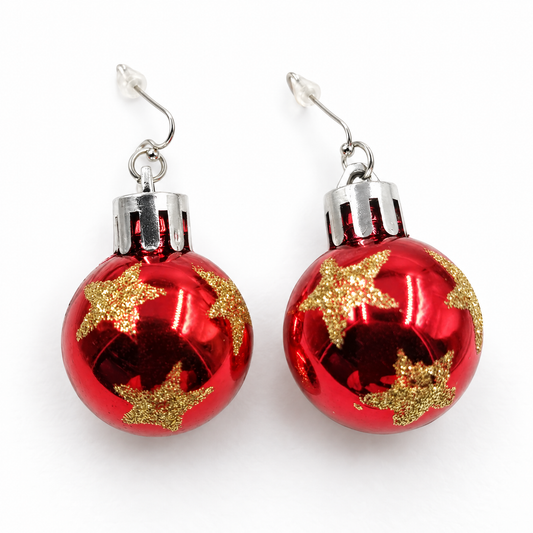 Red Ornament Ball Christmas Earrings | Gold Glitter Stars