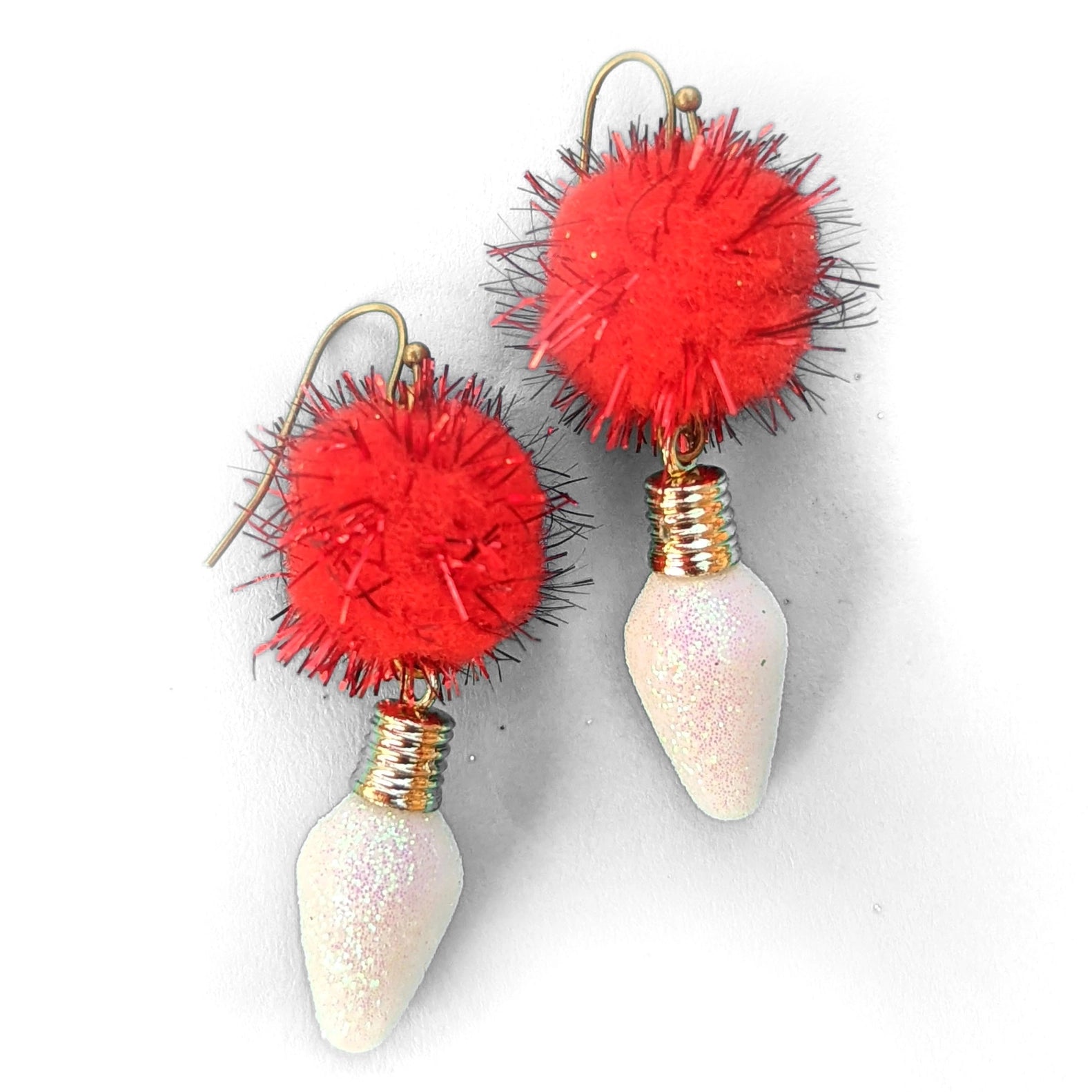 Red Pom Pom with White Glitter Bulb Ugly Christmas Earrings | Handmade in the US