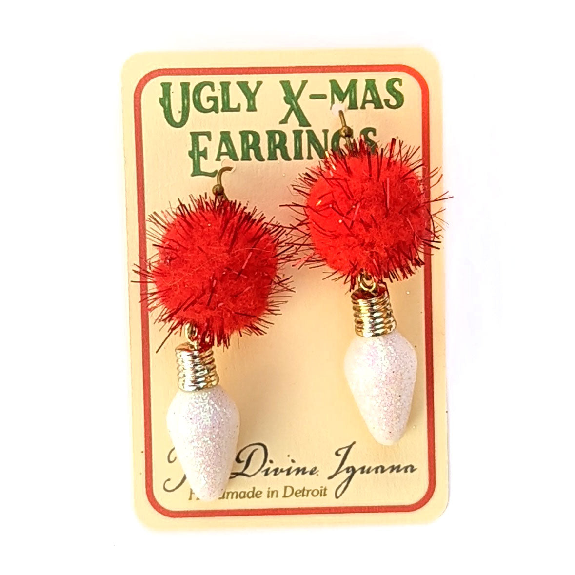 Red Pom Pom with White Glitter Bulb Ugly Christmas Earrings | Handmade in the US