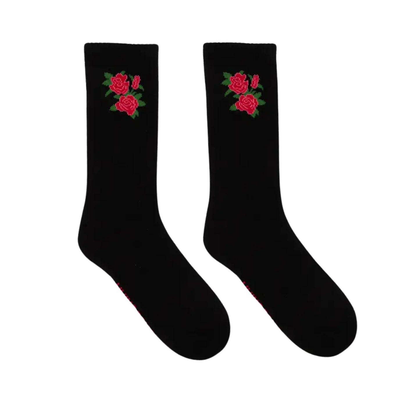 Red Roses Black Classic Crew Socks with Ribbed Tubing | Seamless Toe Seam Novelty Socks