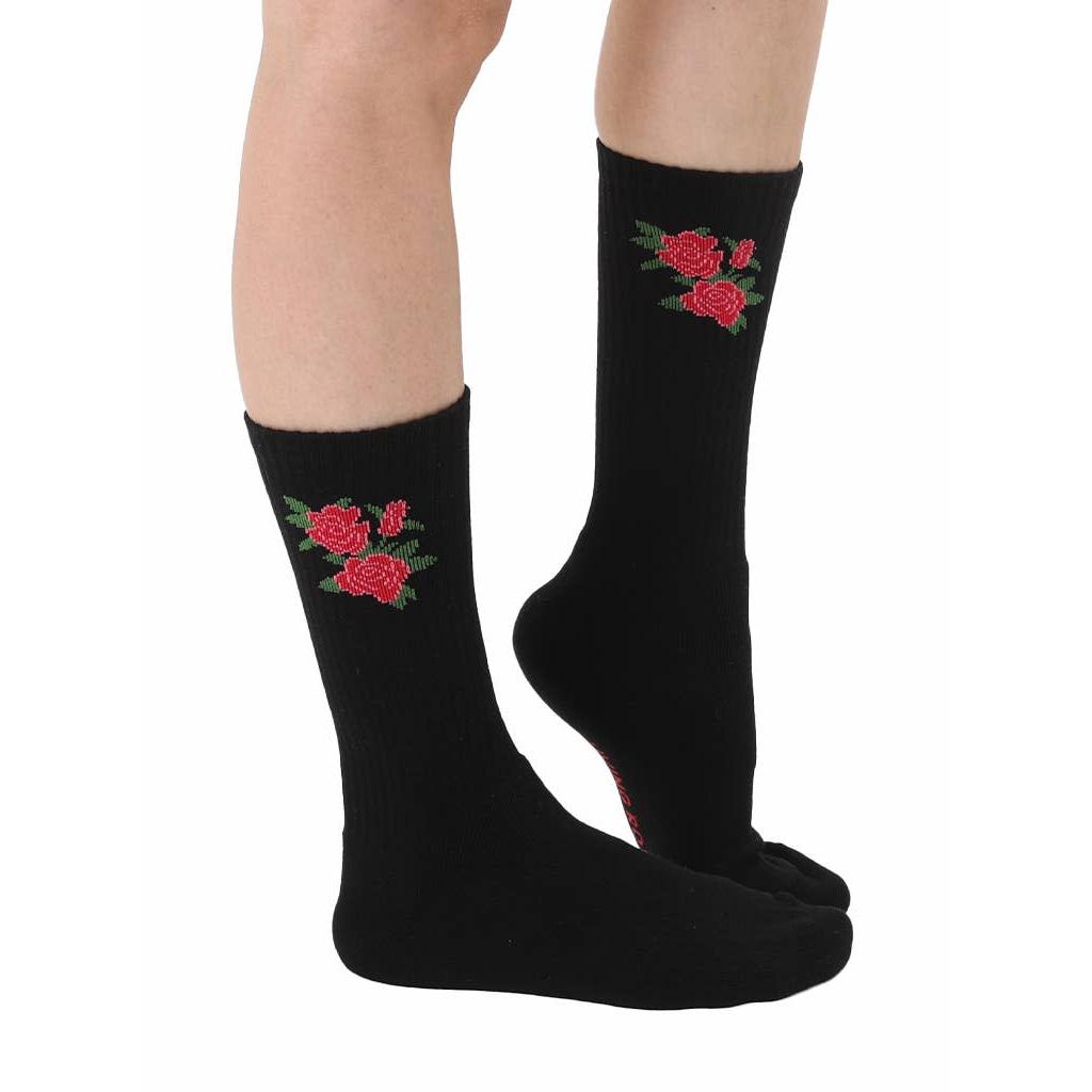 Red Roses Black Classic Crew Socks with Ribbed Tubing | Seamless Toe Seam Novelty Socks