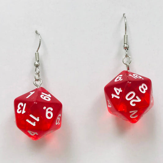Red dice-shaped earrings with white numbers 
