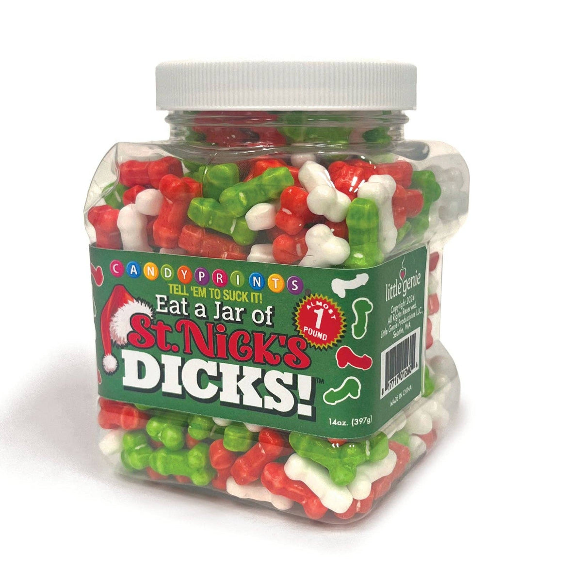 Jar of gummy candies with a humorous label